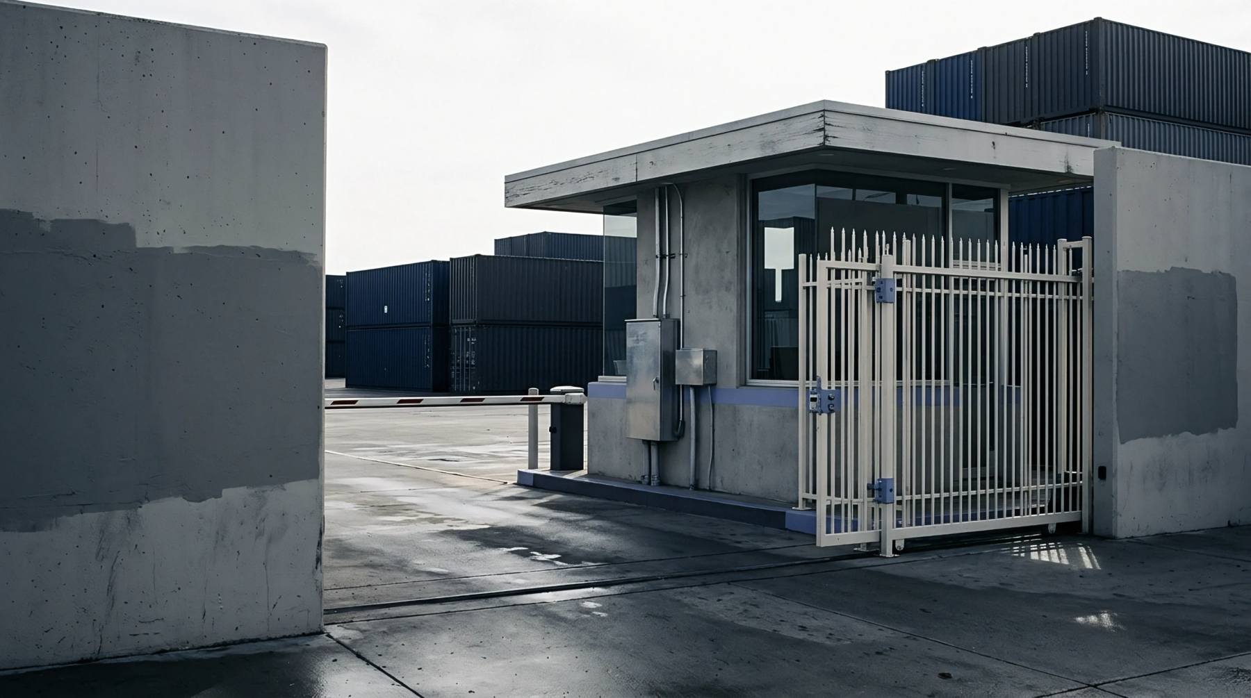 A secure perimeter checkpoint featuring a concrete guardhouse and steel swing gate controls entry to an expansive shipping container yard.