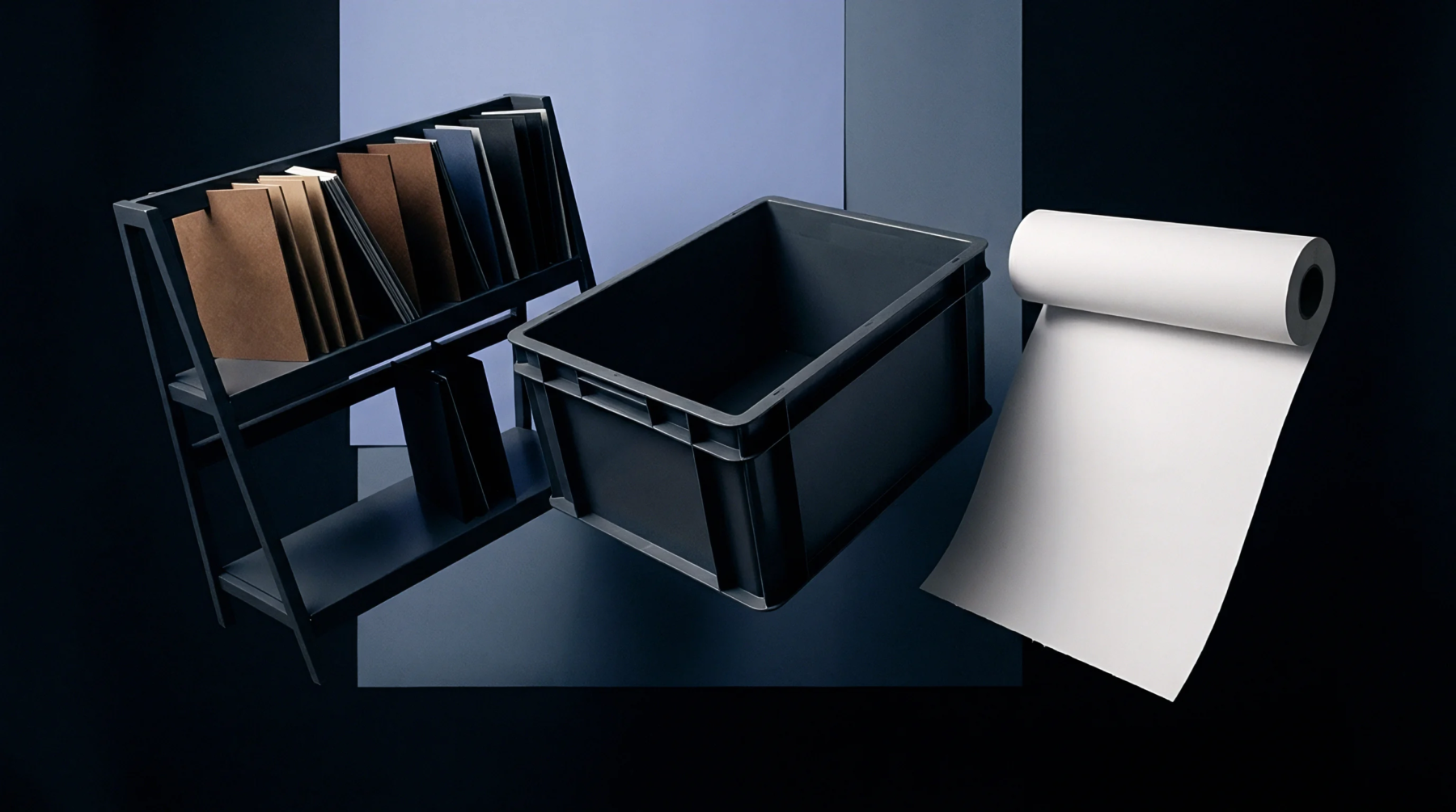 Industrial plastic storage totes flank a modular material sample rack alongside a rolled paper substrate inside a production studio.