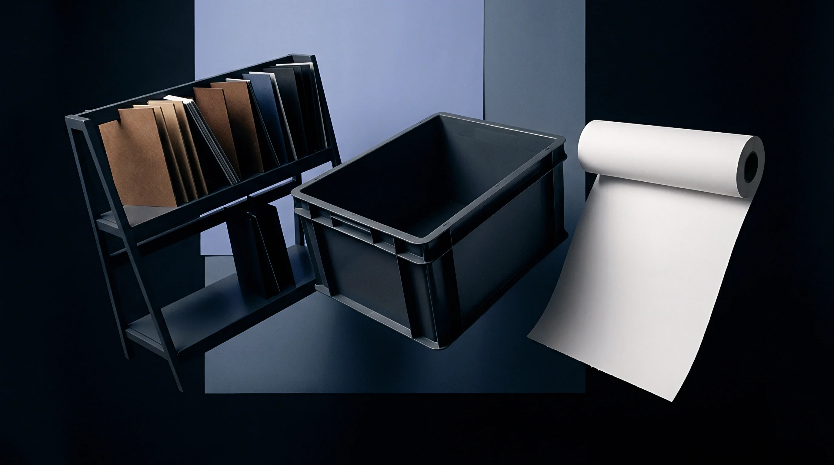 Industrial plastic storage totes flank a modular material sample rack alongside a rolled paper substrate inside a production studio.