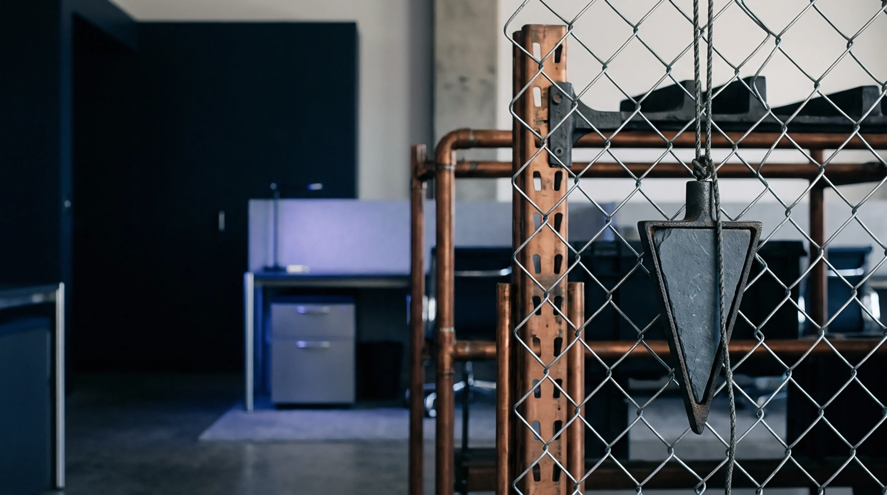 A heavy triangular iron plumb bob hangs from a cord behind a wire mesh fence inside a contemporary office interior.