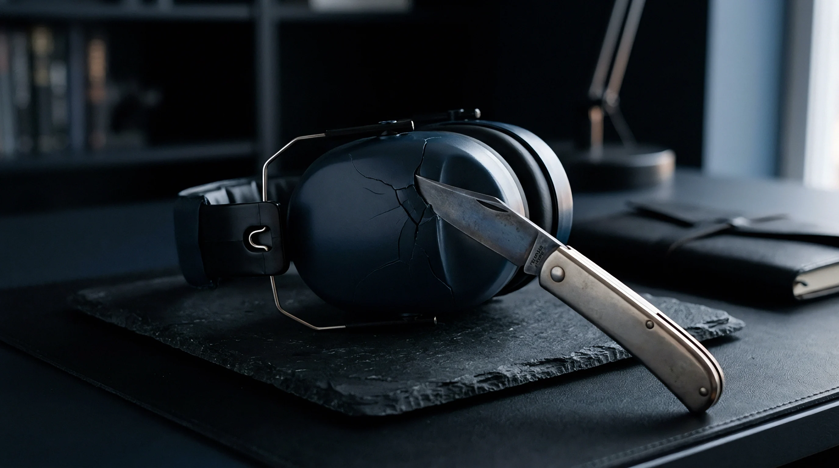 A render depicts industrial earmuffs with a deep crack penetrated by a knife, situated on a dark textured surface.