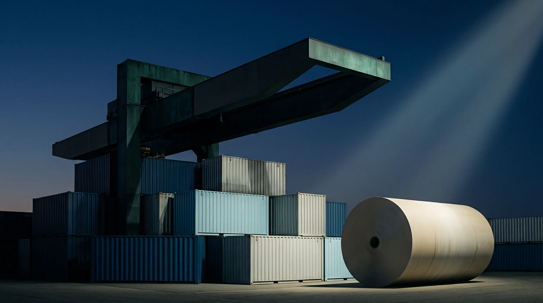 Stacked intermodal shipping containers and a towering gantry crane dominate an industrial freight yard beside a massive cylindrical roll of raw material.