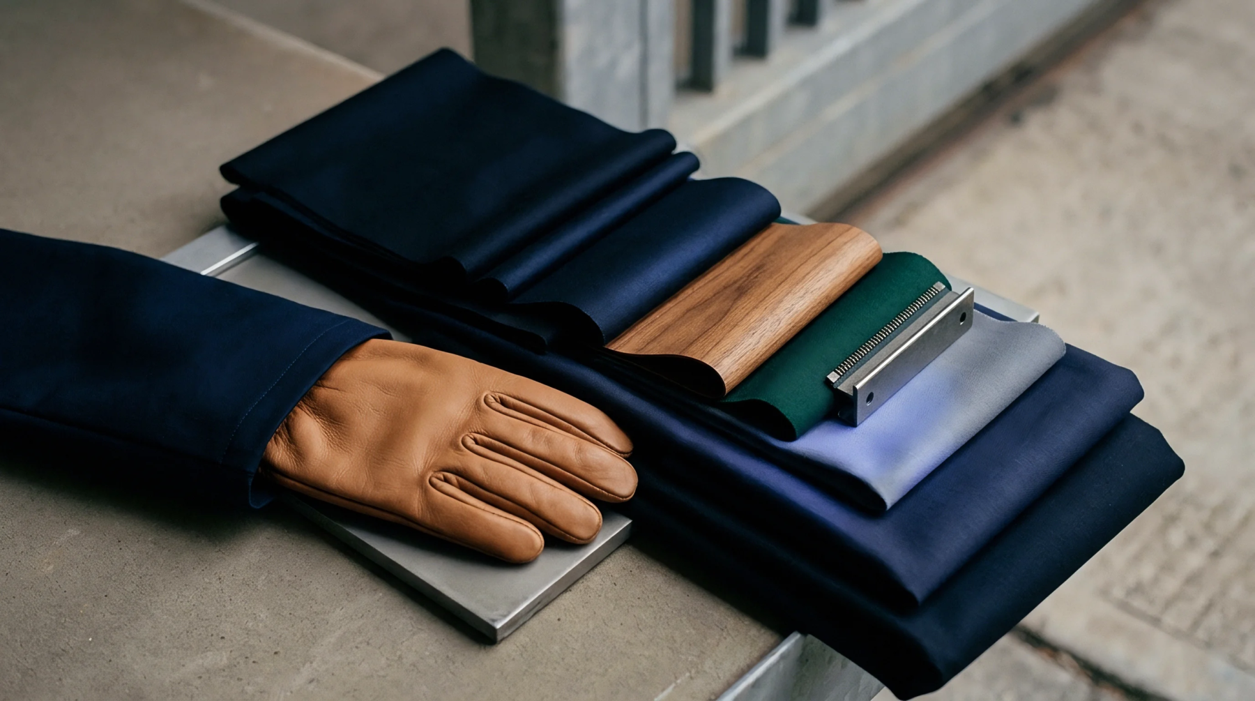 Leather glove rests beside layered fabric swatches, timber veneer, and metallic hardware components positioned across an assembly workbench.