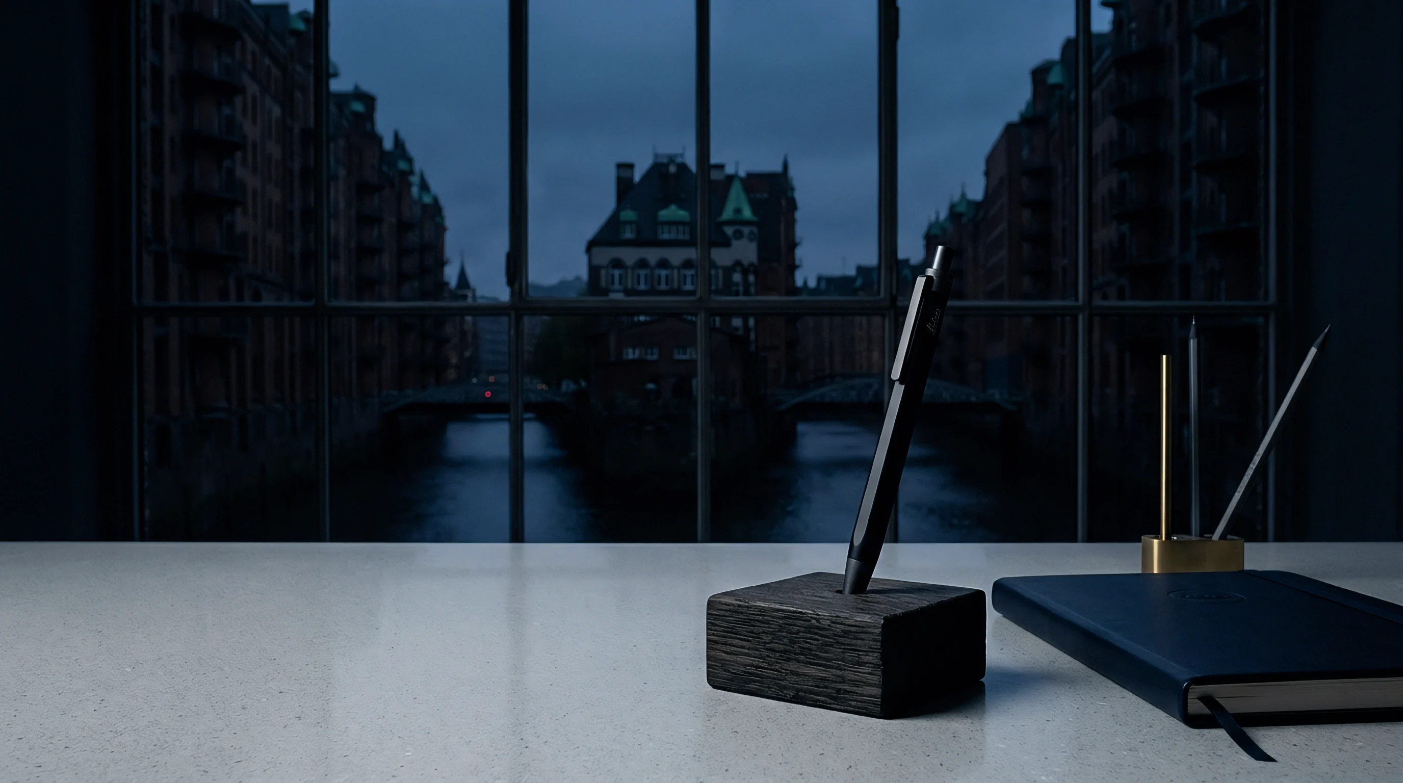 A black writing instrument rests in a heavy wooden base on a white surface beside a notebook near windows facing a canal at twilight.