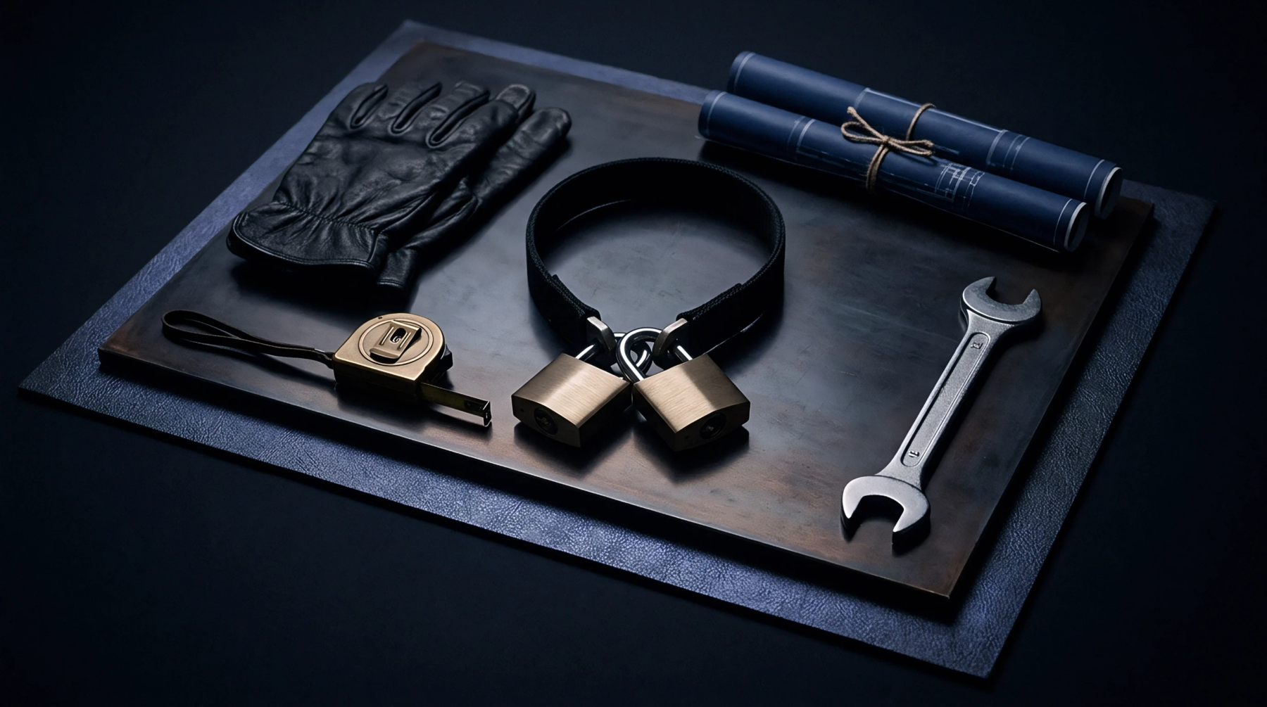 Protective leather work gloves, calibrated measuring tape, brass padlocks securing a strap, and steel wrenches rest on a dark workshop plate alongside architectural blueprints.