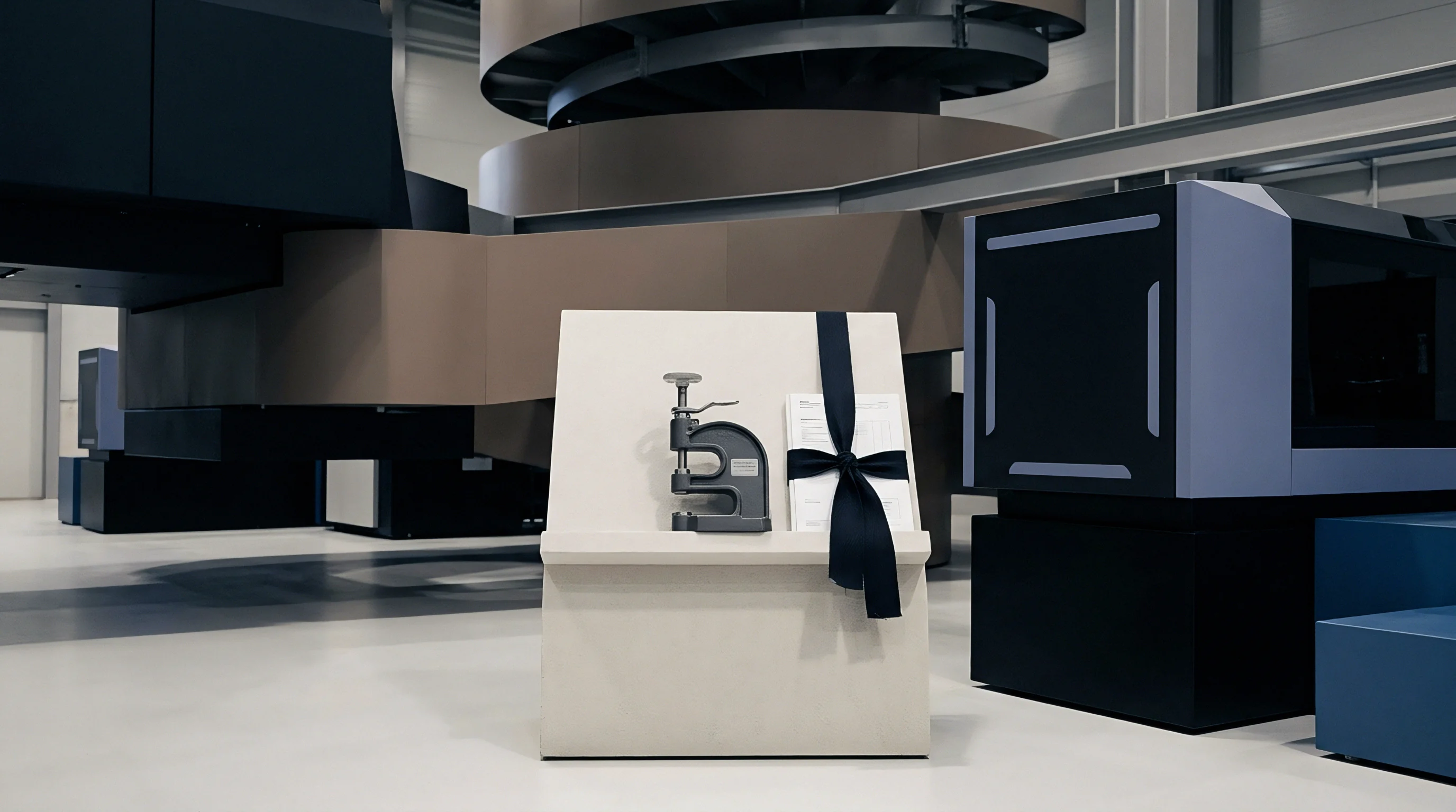 A vintage manual hand press and a ribboned document rest upon a white pedestal amidst heavy industrial machinery in a modern production facility.