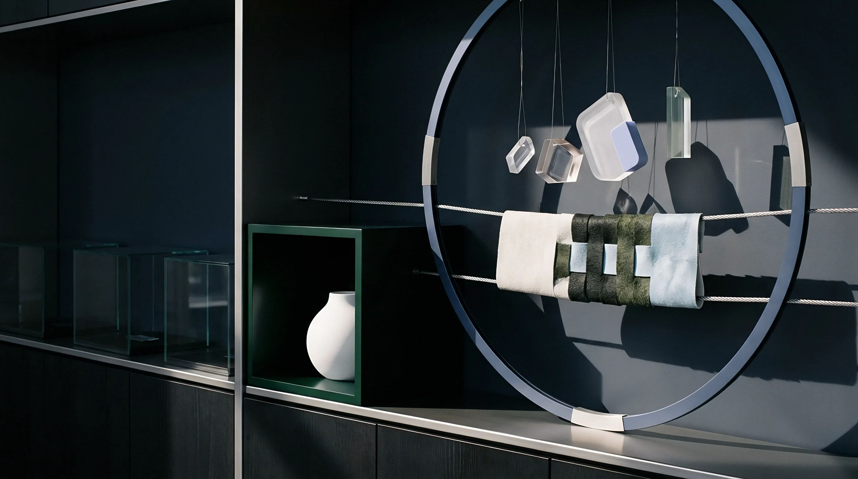 Material samples and woven textiles hang inside a large structural ring mounted on a dark architectural showroom wall.