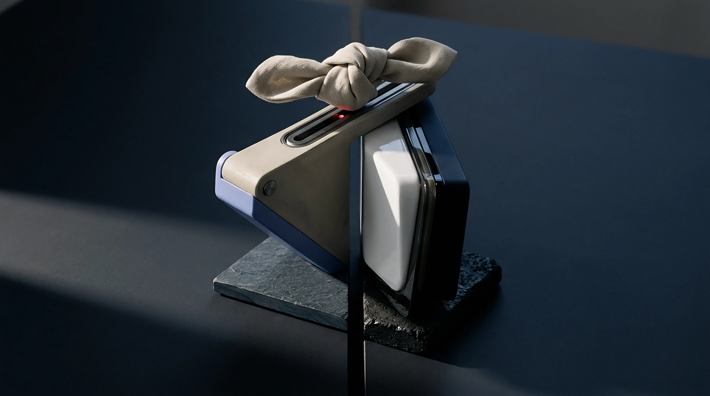 Two geometric blocks with disparate surface finishes and a knotted fabric top element rest upon stacked stone plates on a dark horizontal surface.