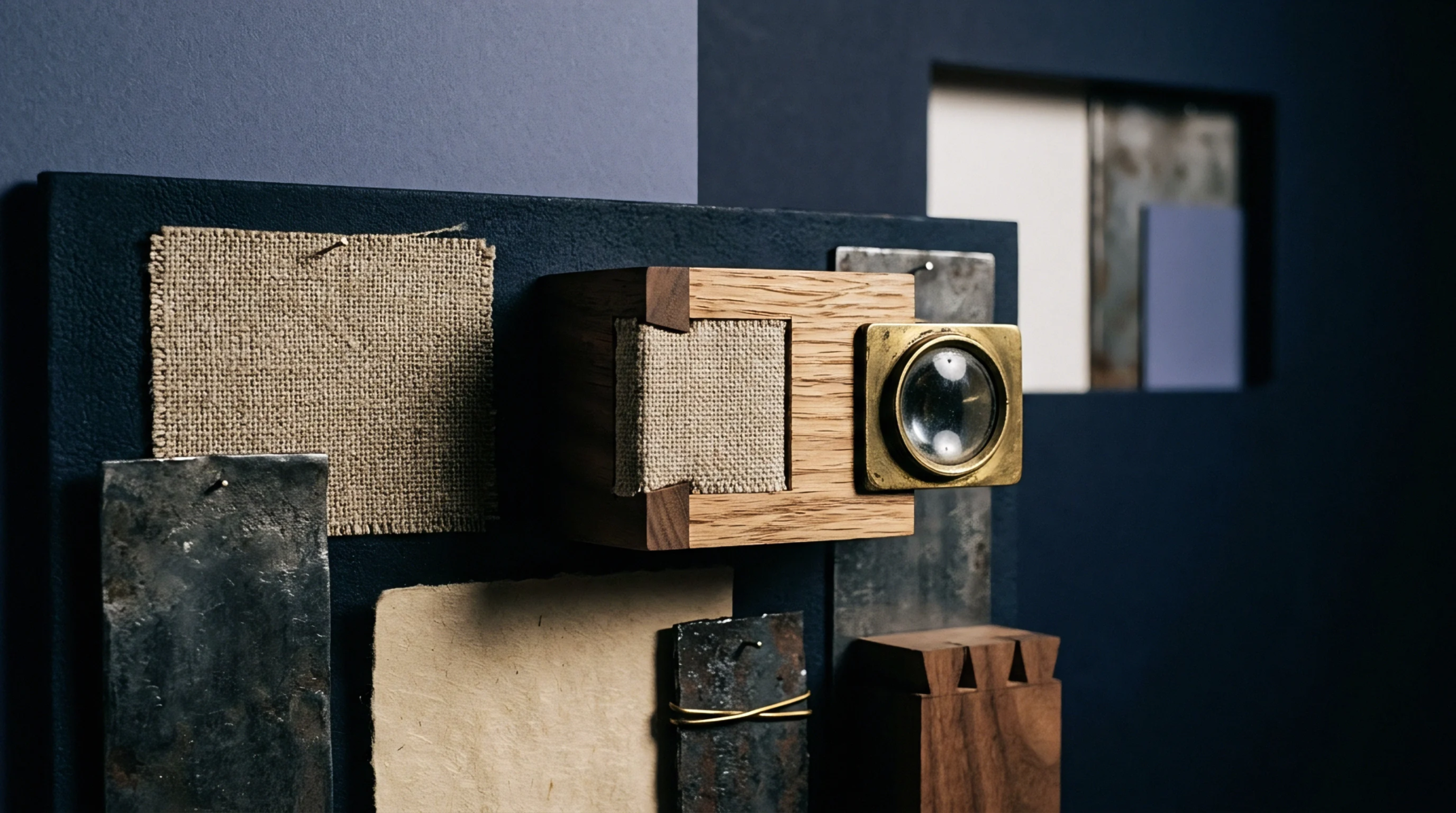 Textured fabric swatches alongside brushed metal plates and an oak wood joint form an abstract prototype board for manufacturing material selection.
