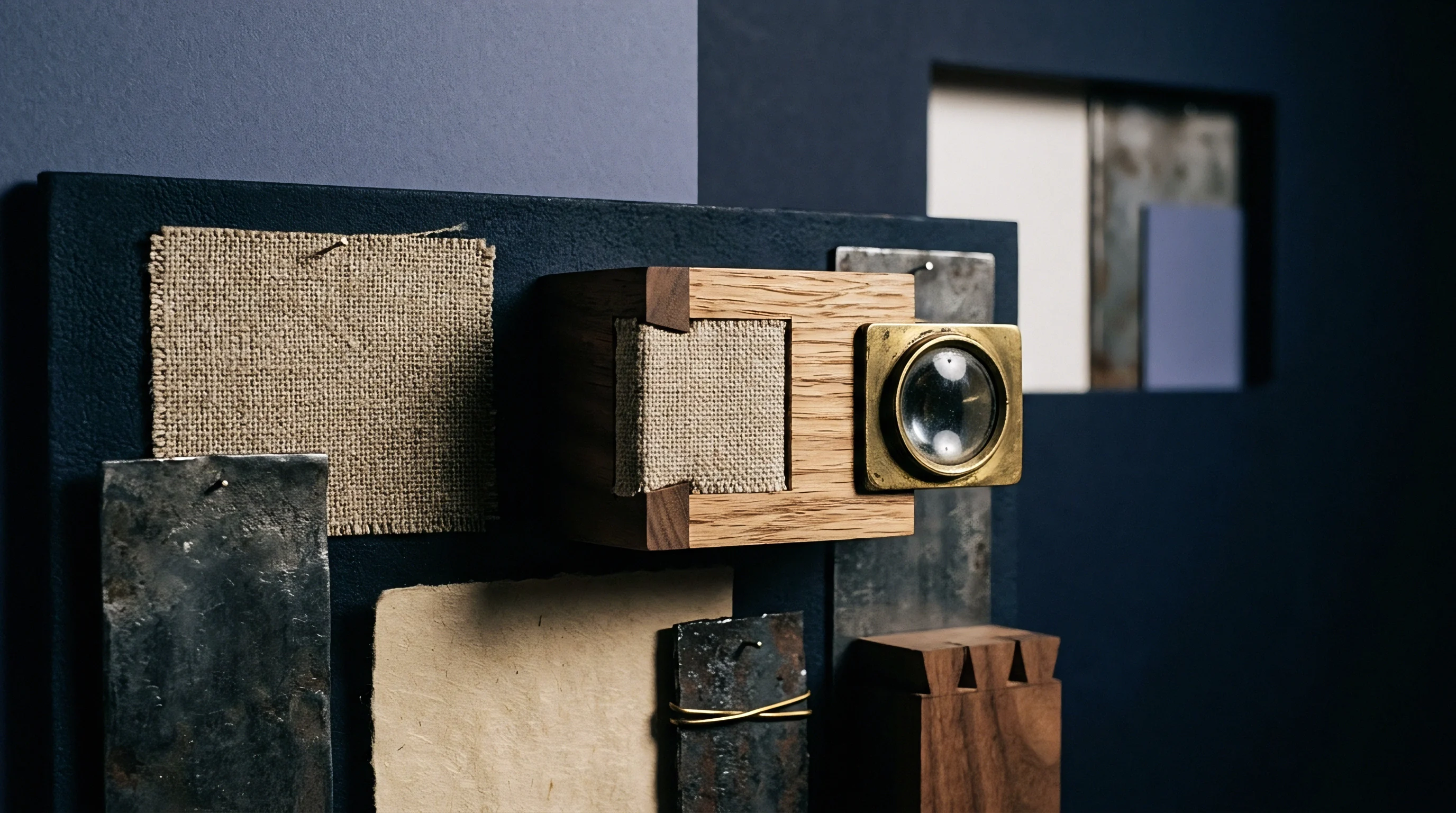 Textured fabric swatches alongside brushed metal plates and an oak wood joint form an abstract prototype board for manufacturing material selection.