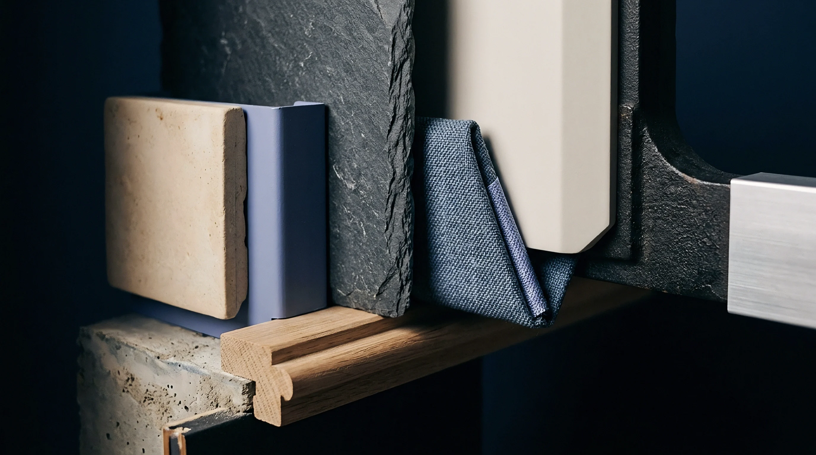 Various industrial materials including slate stone concrete blocks oak moulding and folded textiles rest together on a production studio workbench.