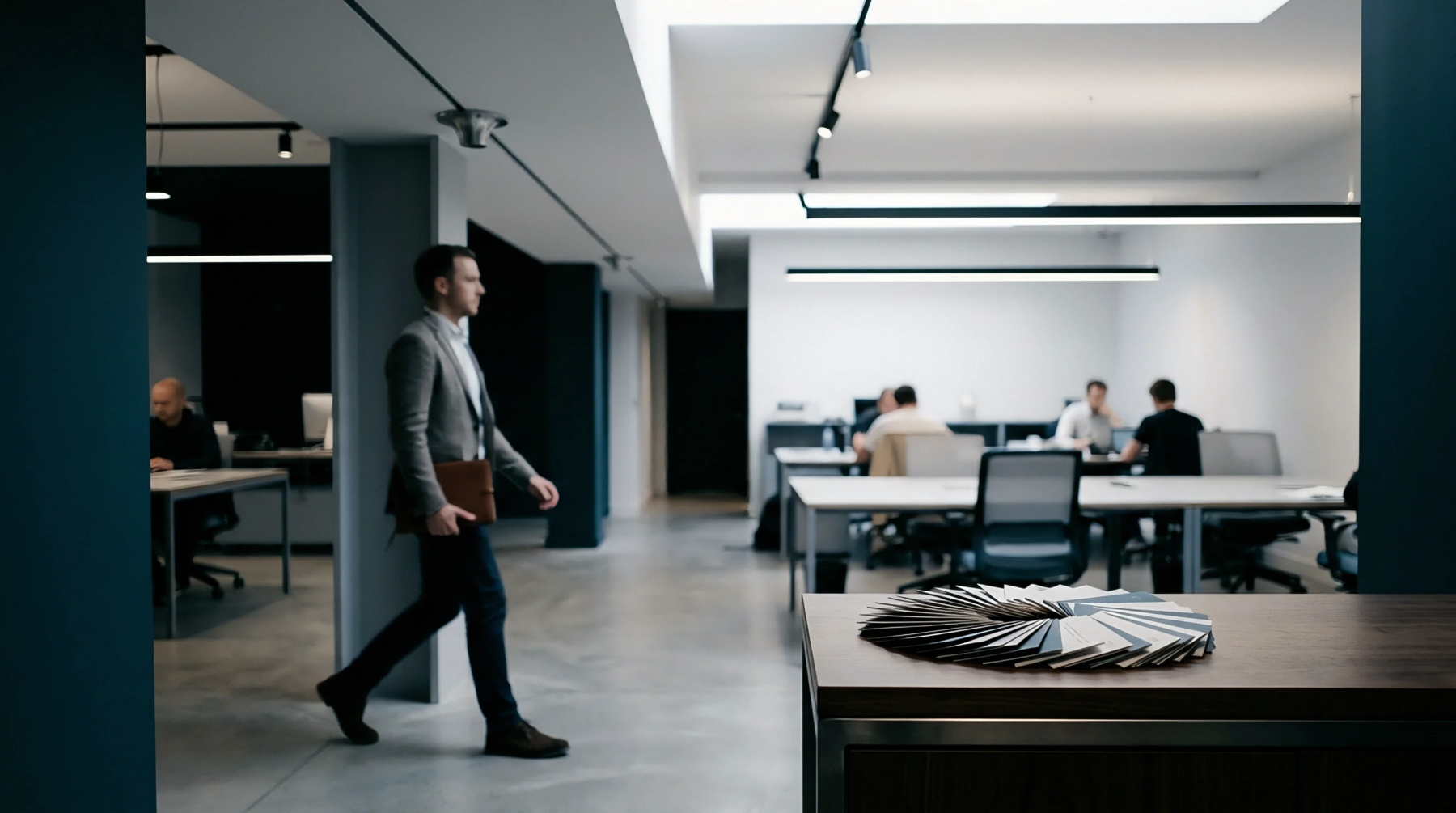 Material finish samples rest on a wooden desk as a professional walks through a bright open office containing multiple employee workstations.