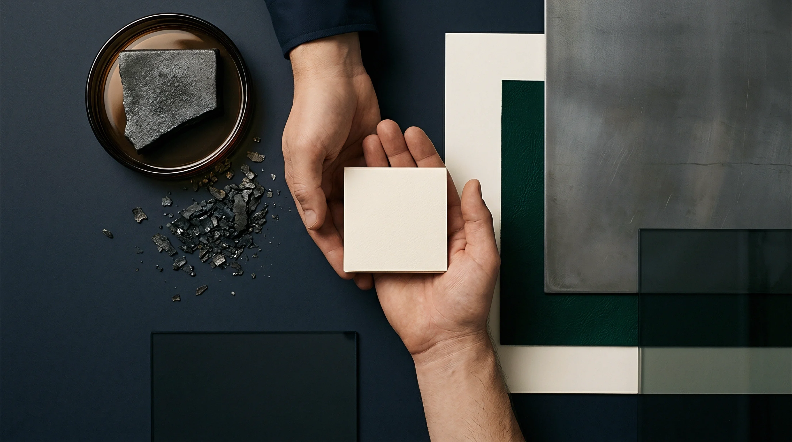 Two hands hold a square ivory architectural sample over a dark navy surface surrounded by slate fragments and layered metallic panels.