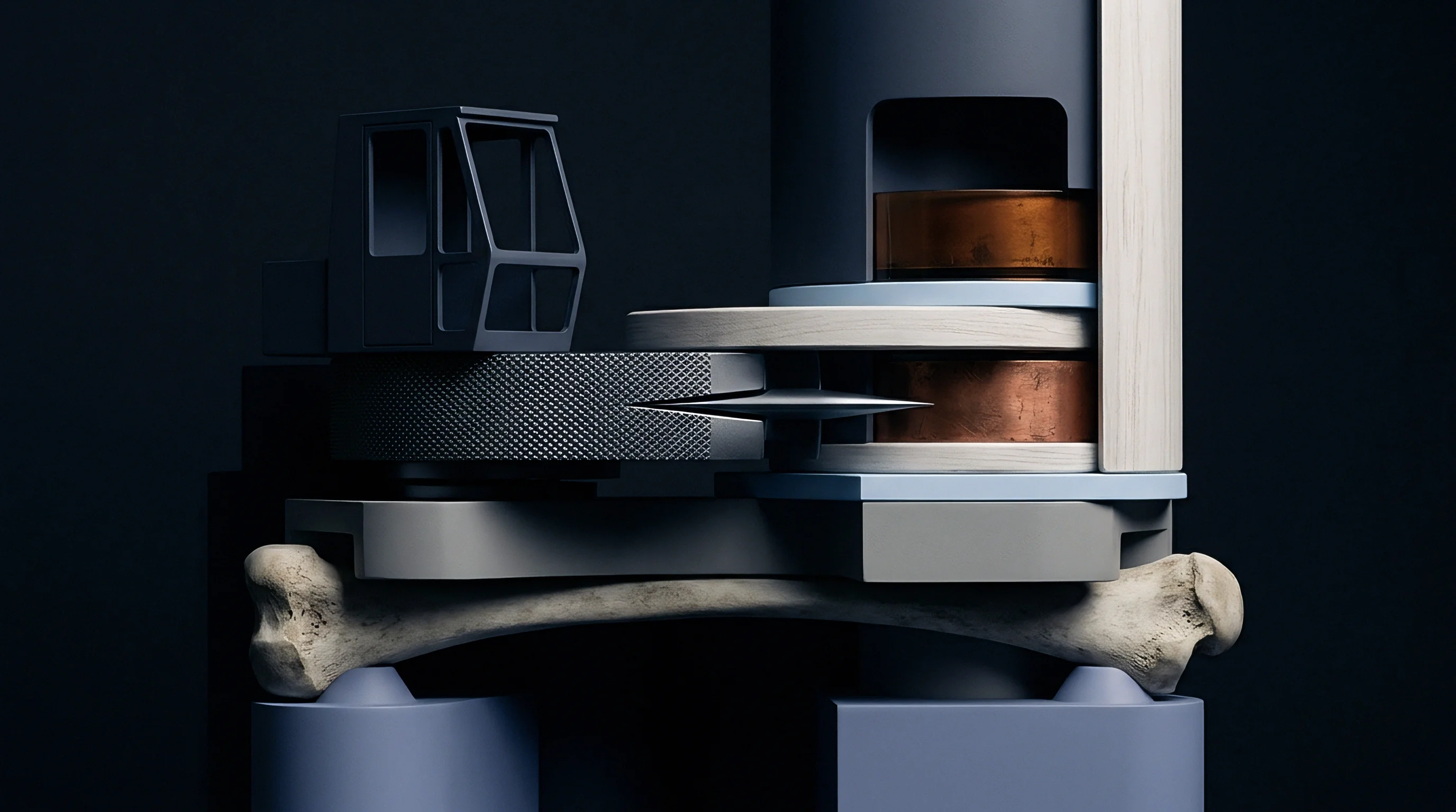 A digital render combines a skeletal bone foundation with engineered metal parts and wooden structures in an abstract industrial design.