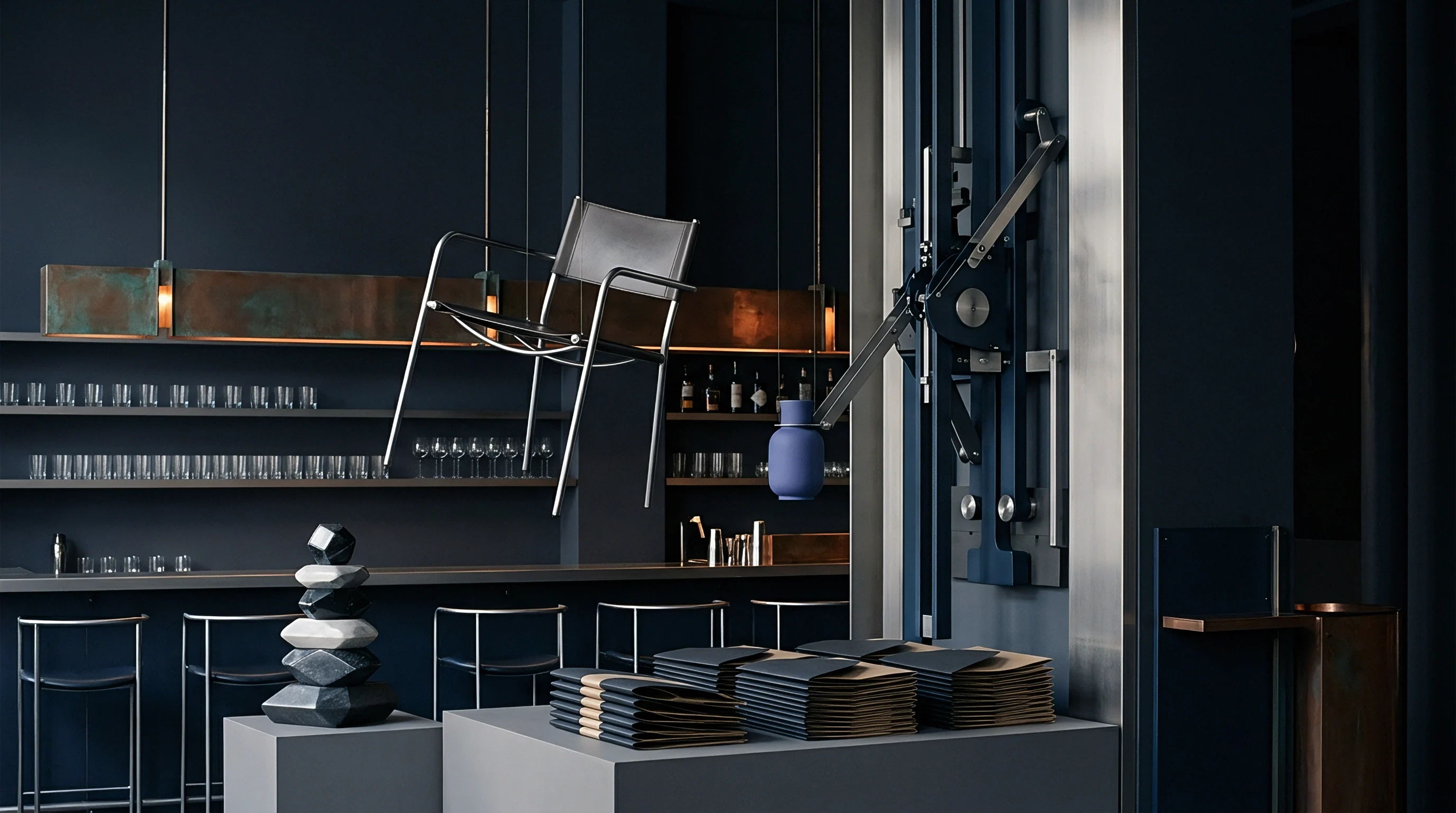 A mechanical hoist holds a blue vessel next to a suspended metal chair within a dark industrial showroom.