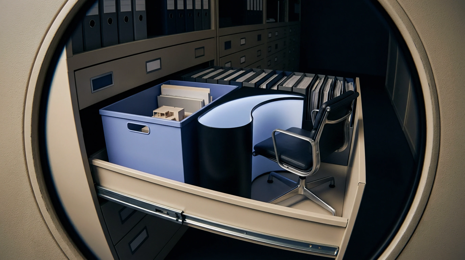 A miniature executive workspace rendered inside an open steel filing cabinet drawer features a modern desk and storage units.