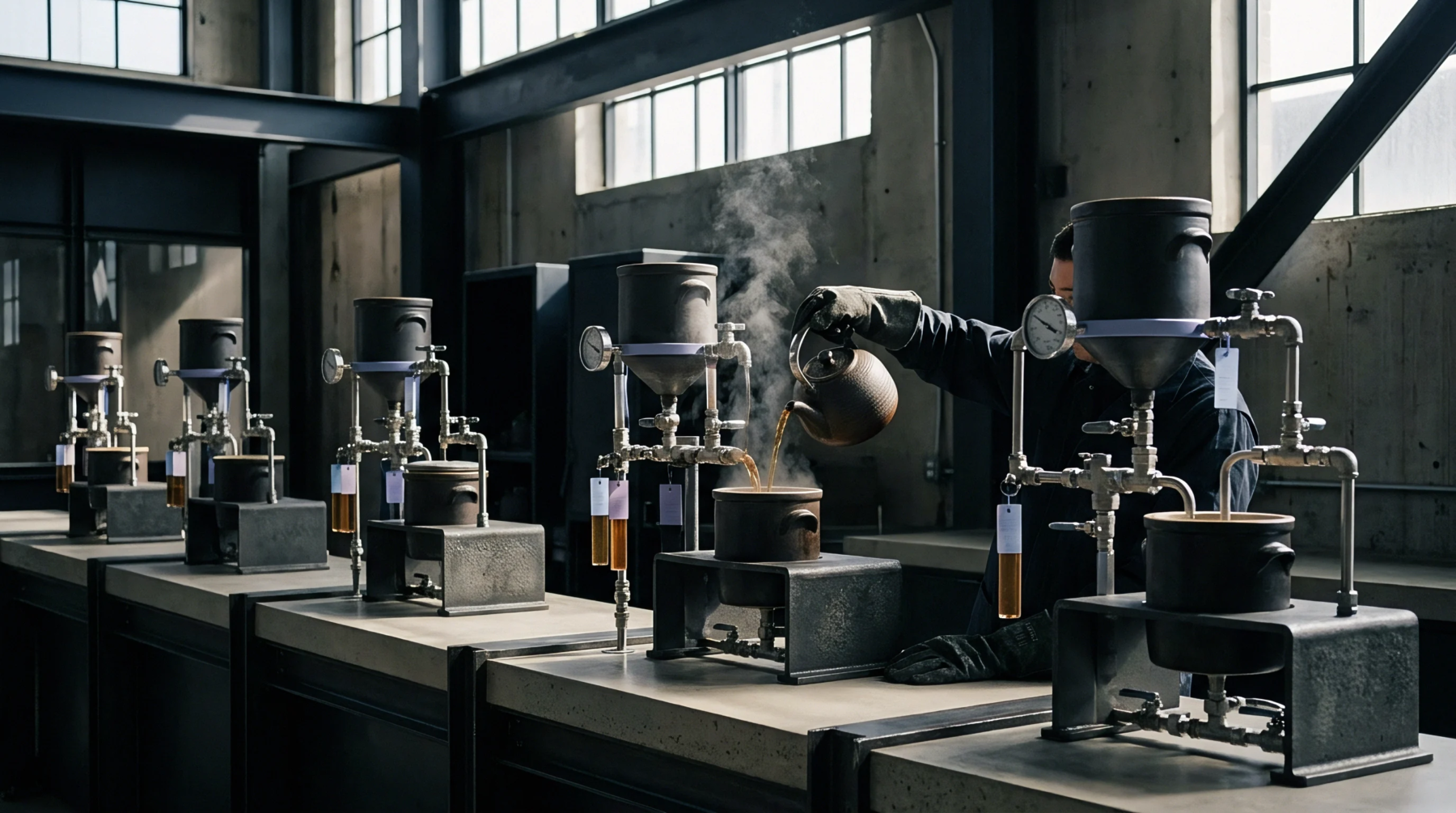 A digital render presents multiple modular stations with metal piping and ceramic vessels along a concrete workbench inside an industrial manufacturing workshop.