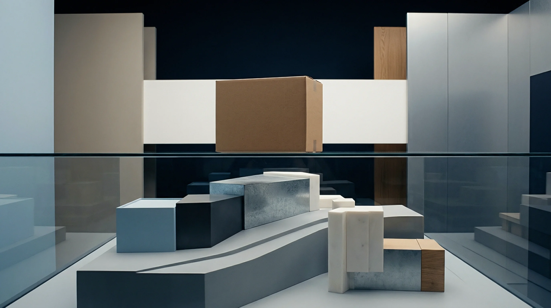 Floating cardboard container hovers above a complex arrangement of diverse material blocks behind a glass panel in a minimalist production environment.