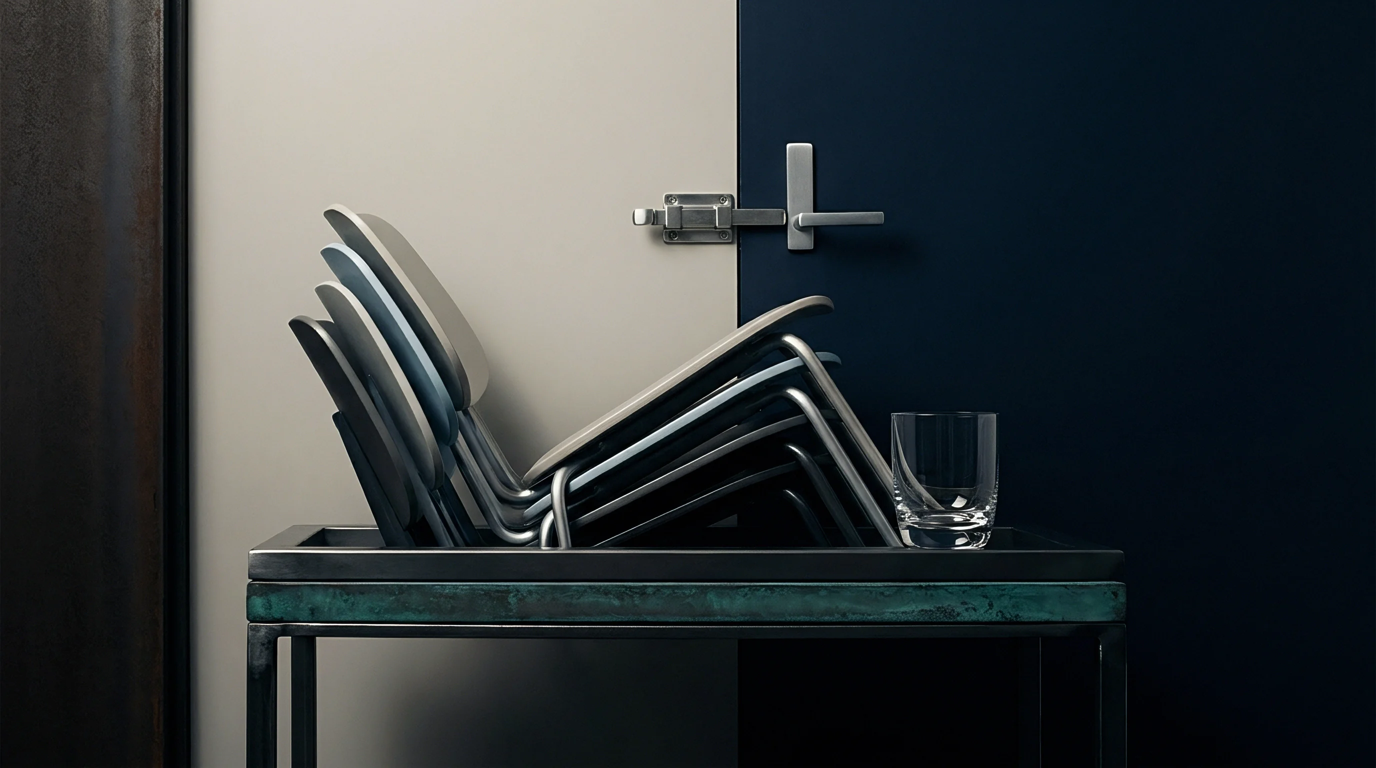 Stacked metal frame chairs and molded shells rest horizontally inside a dark metal tray positioned on a tabletop against a divided partition wall.