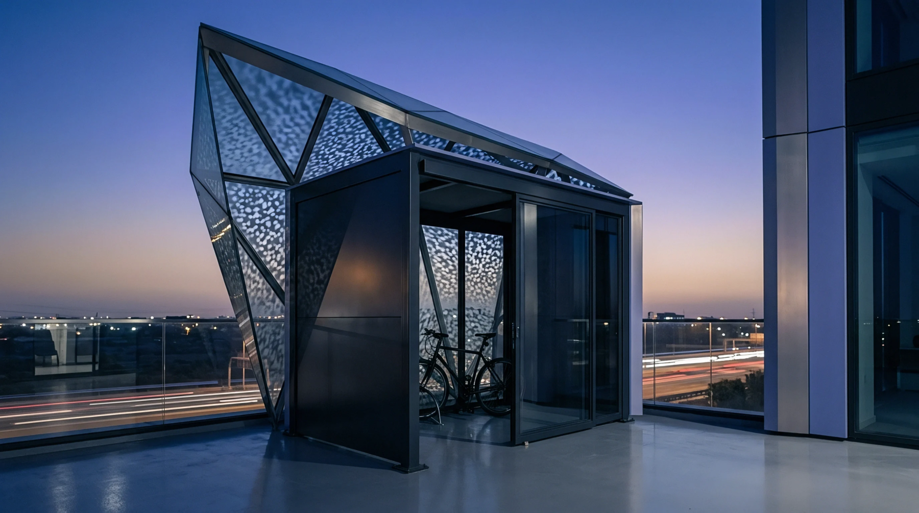 A geometric glass and metal bicycle storage unit occupies an elevated commercial terrace overlooking a busy highway at dusk.