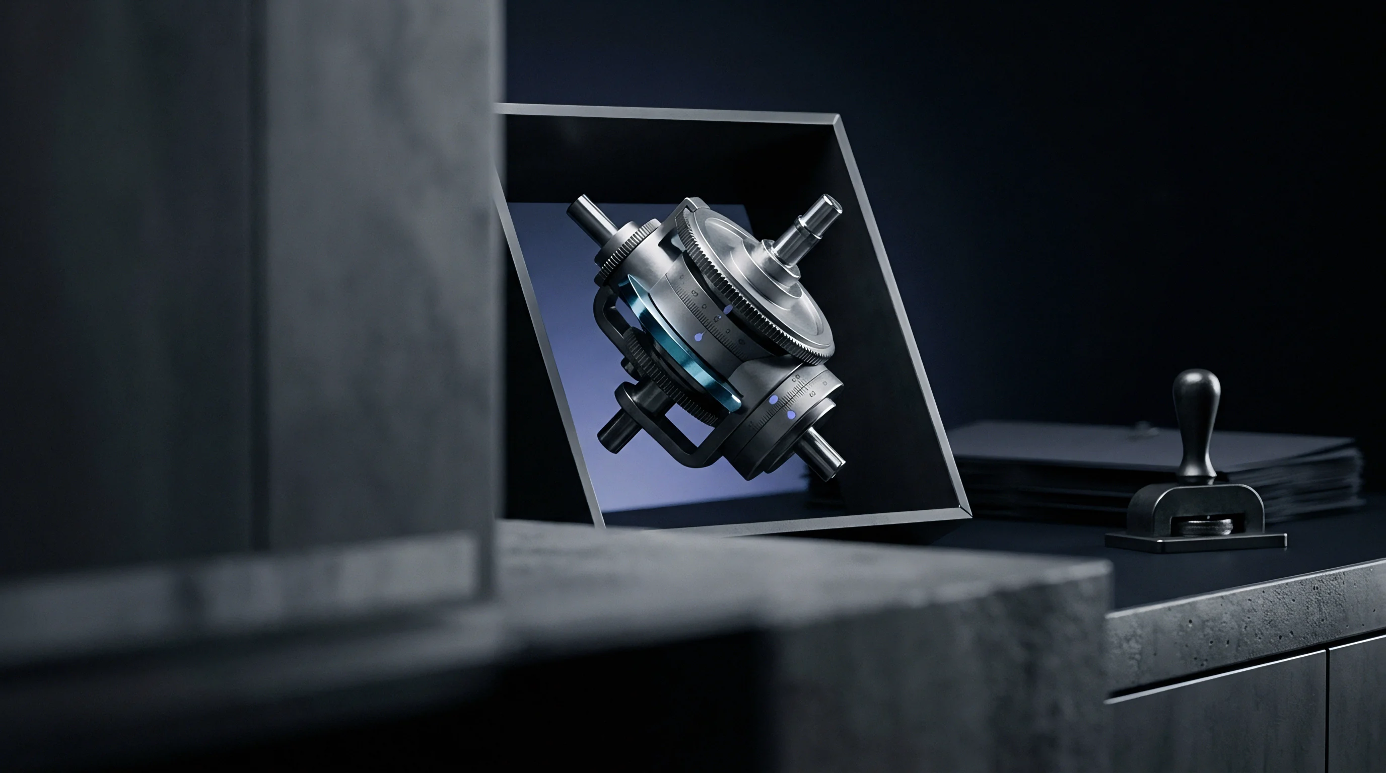A complex gimbal mechanism floats within a dark industrial workspace frame as a digital rendering beside a professional rubber hand stamp.