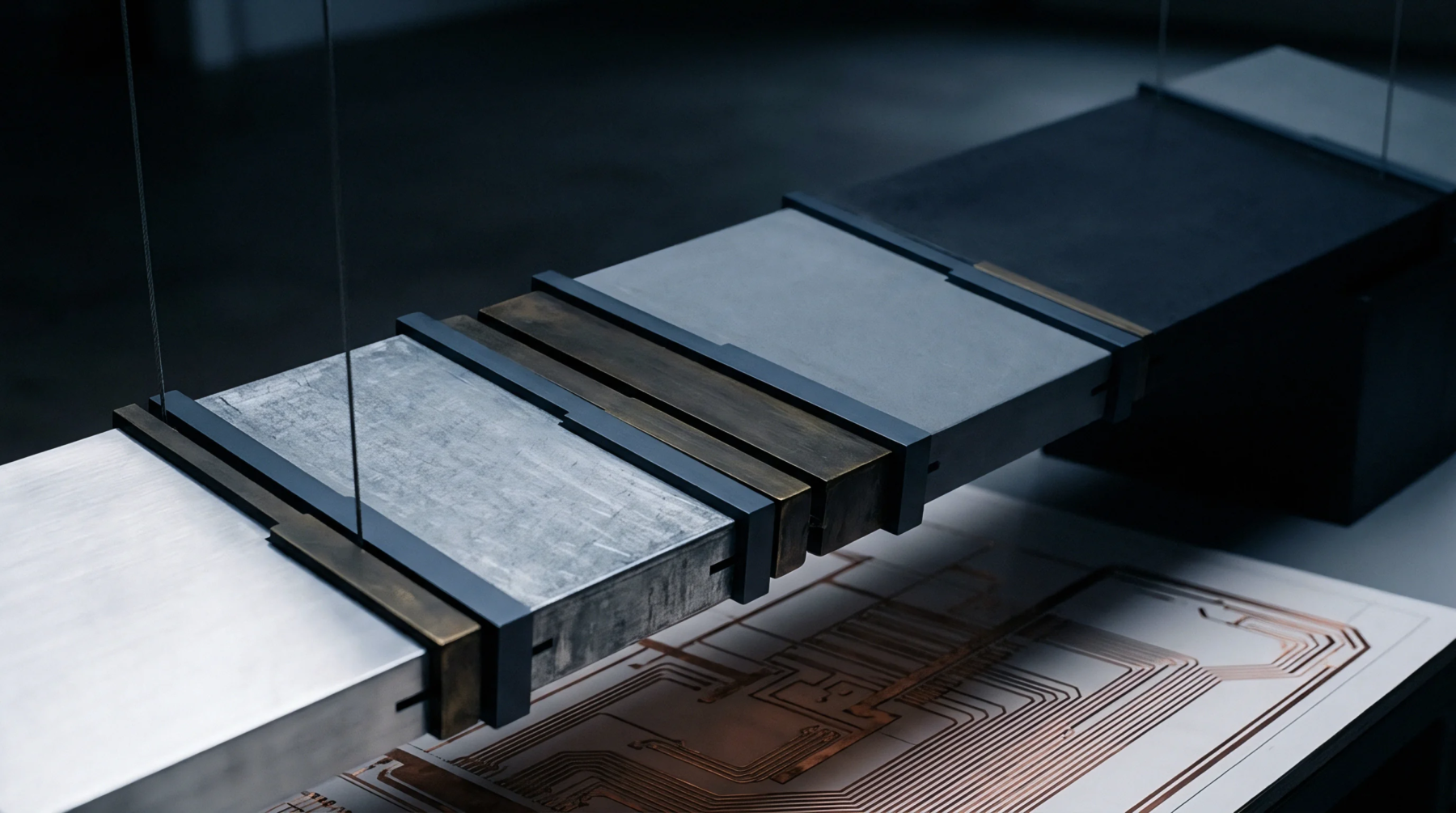 Suspended metallic and composite modular blocks align horizontally above technical layout schematics on a dark surface within a digital render.