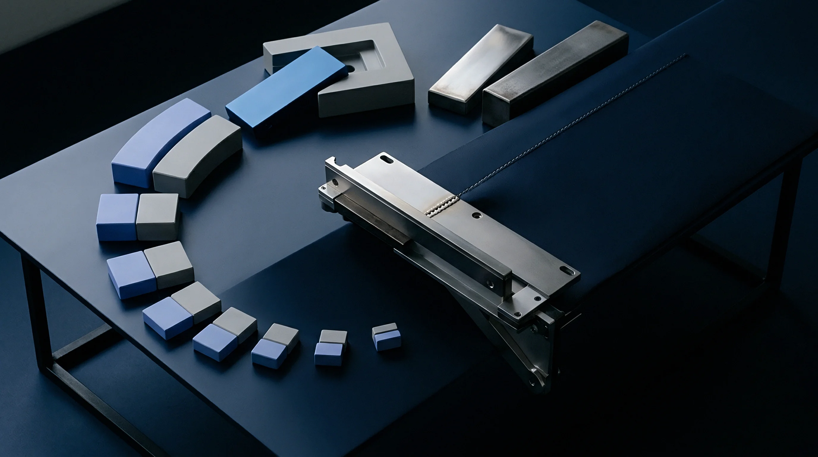 Steel blocks and geometric metal components lie organized on a dark blue table alongside a precision engineered mechanical assembly piece.