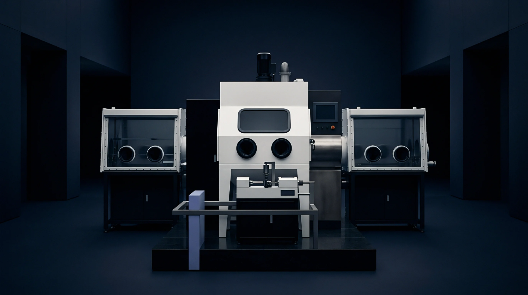 Digital render of modular industrial containment infrastructure positions dual glovebox workstations beside a central processing unit inside a dark manufacturing environment.