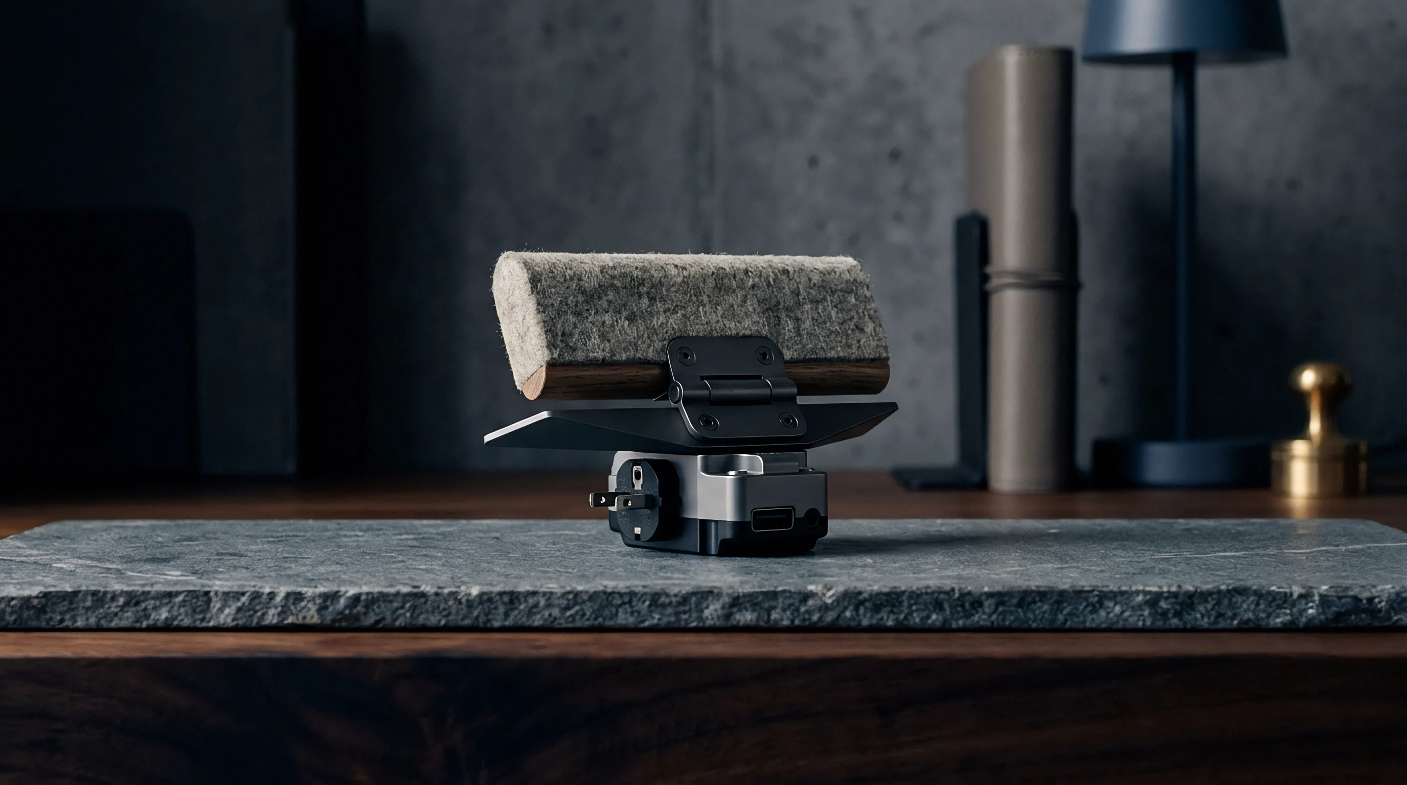 A multi-component device featuring a felted grey pad and a dark hinge mechanism is positioned on a rough-hewn slate slab.