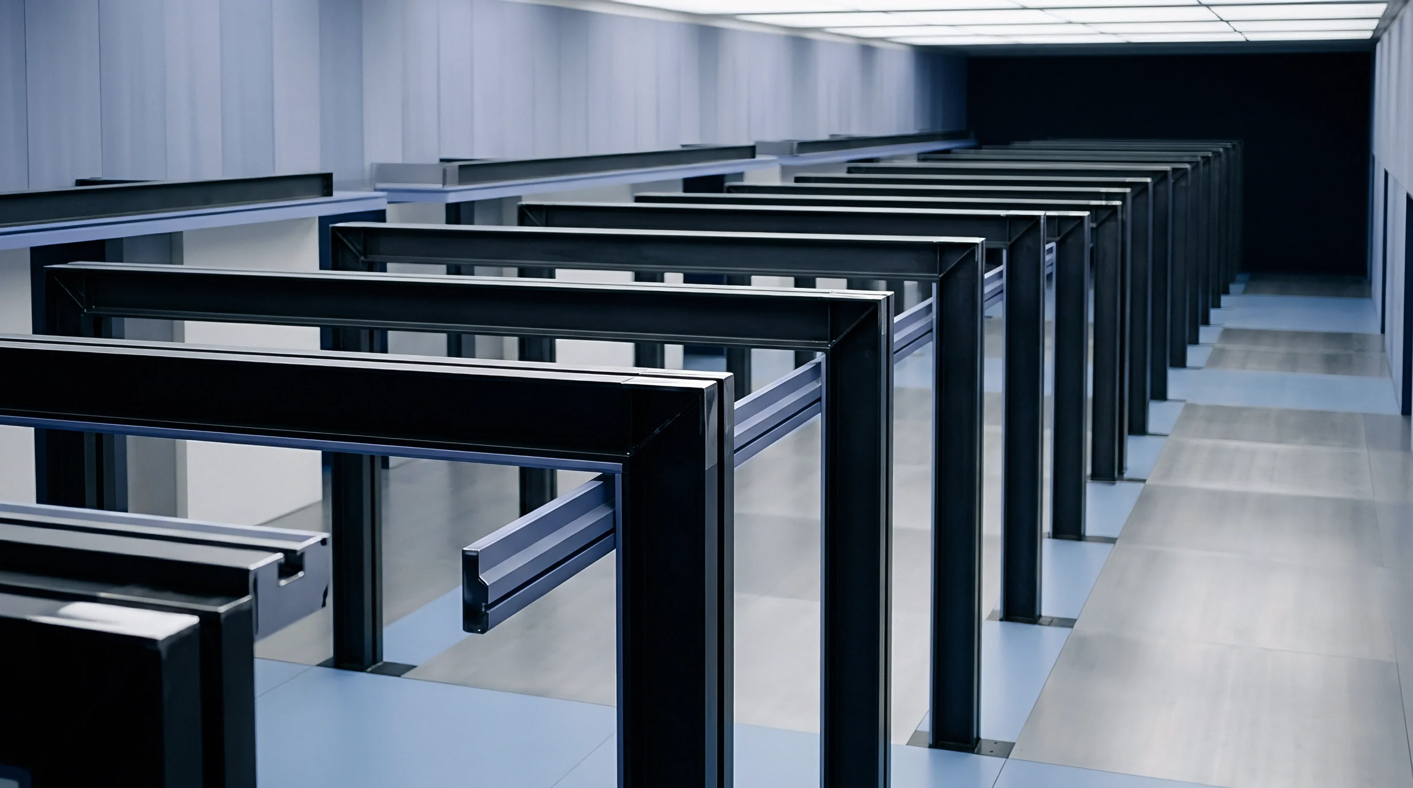 Parallel rows of black structural steel portal frames stand on a polished gray floor within a digital render of a clean industrial facility.