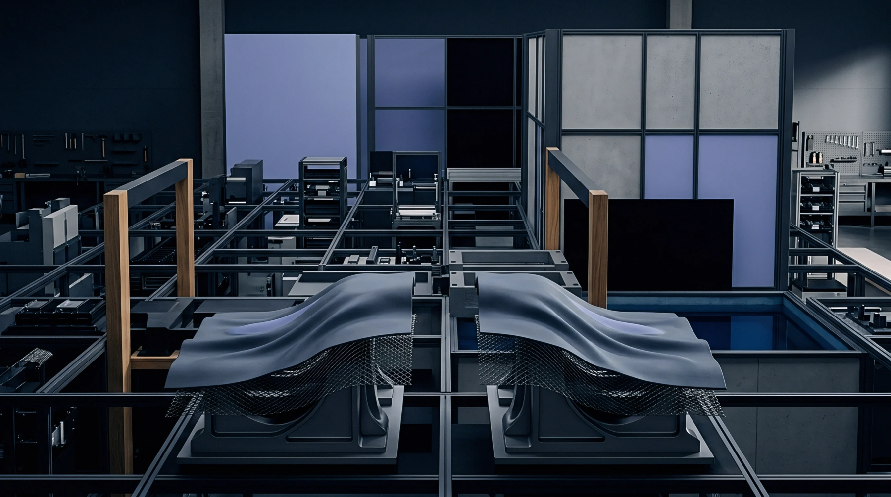 Two grey composite sheet components rest on molded pedestals inside a modular industrial production facility framed by metal structural grids.