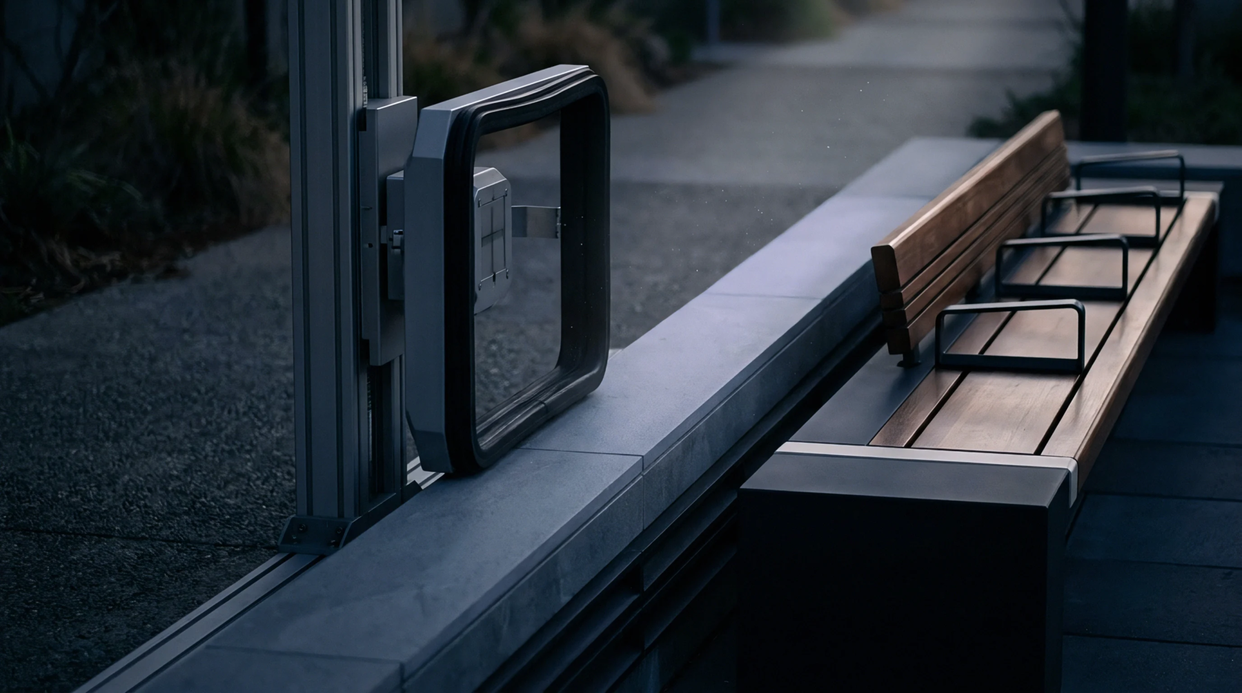 An aluminum extrusion rail and motorized inductive charging bracket mount beside a concrete retaining wall and wooden bench in an outdoor transit corridor.