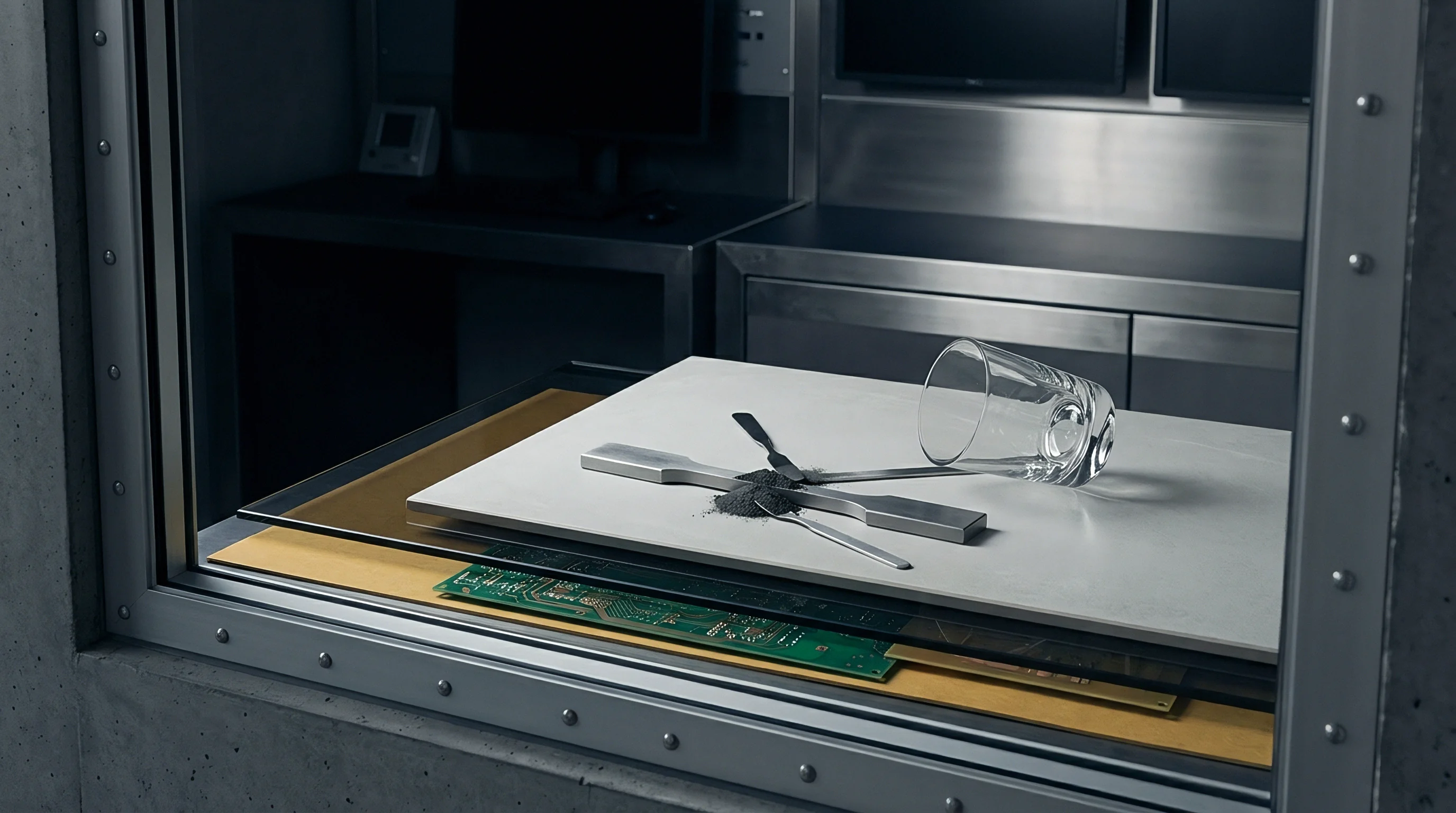 A machined tensile specimen and dark granular powder rest on a white plate alongside laboratory spatulas inside an industrial test chamber.