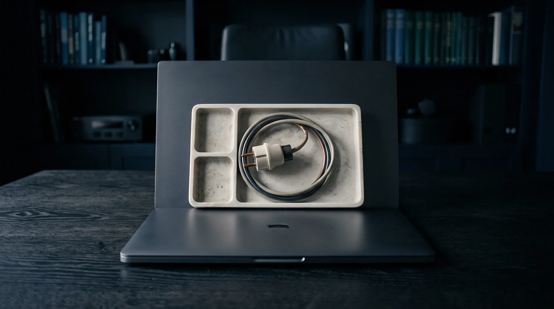 A coiled power cord rests within a segmented organizer tray placed atop a closed laptop, against a dark, organized shelving background.