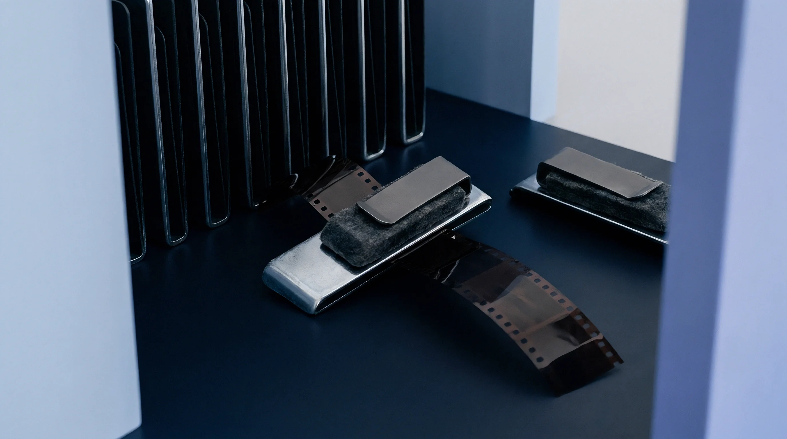 Metal tension clamps with felt pads hold flexible translucent film strips within a sterile manufacturing environment designed for material testing and precision assessment.