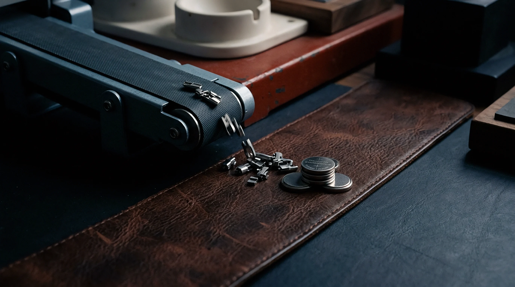 Small metal fasteners fall from a miniature blue conveyor belt onto a brown leather mat beside stacked button batteries in this render.