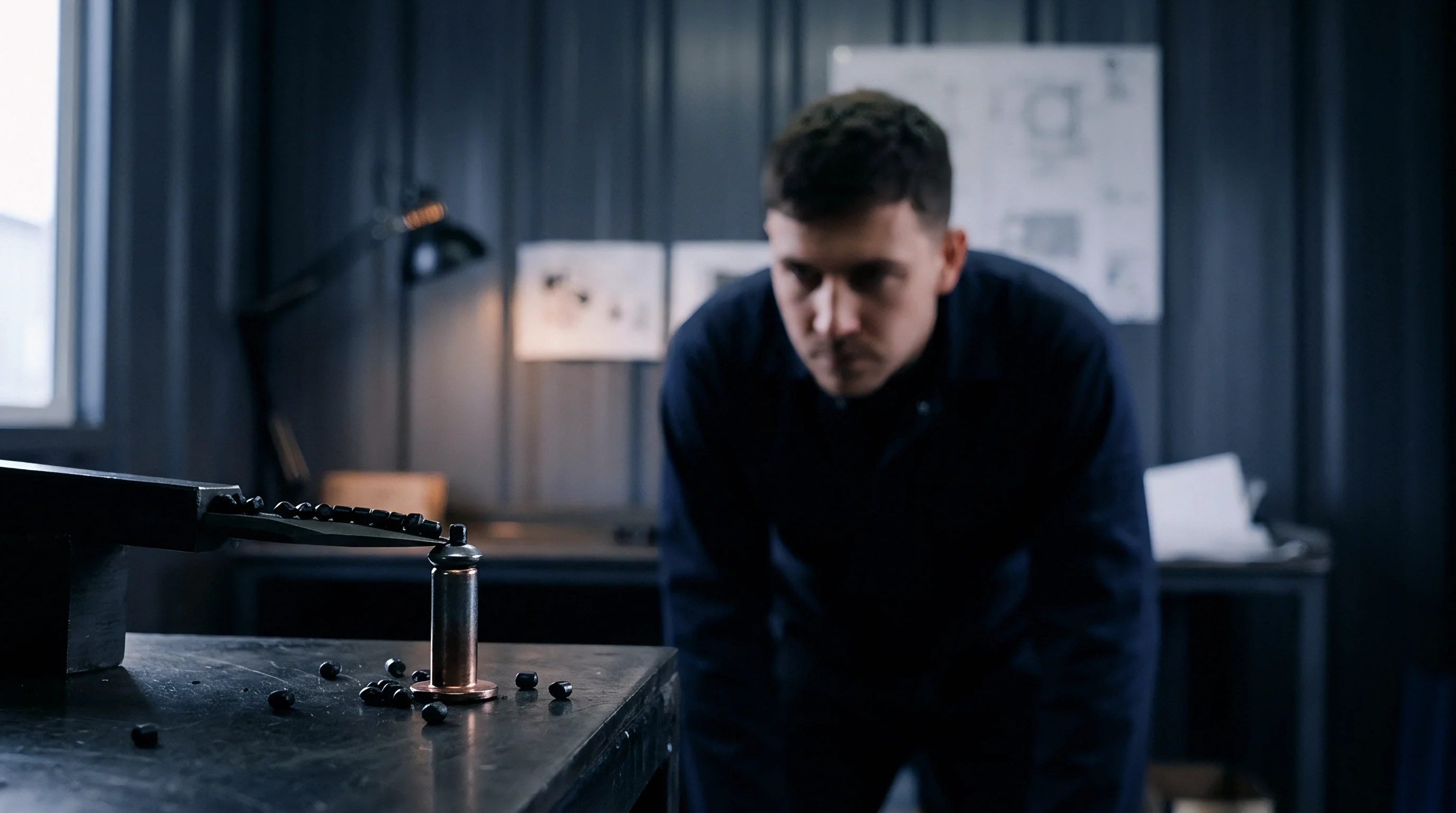 An industrial technician intently observes a specialized metallic fixture holding small dark components on a gritty workshop surface.
