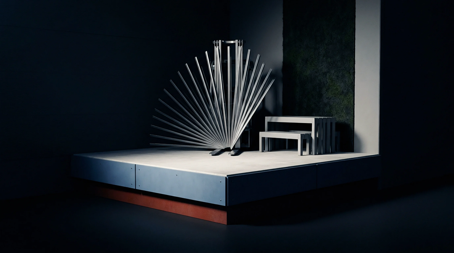 A series of rigid vertical rods radiate from a central pivot point beside a stepped metallic platform within a dark studio workspace.