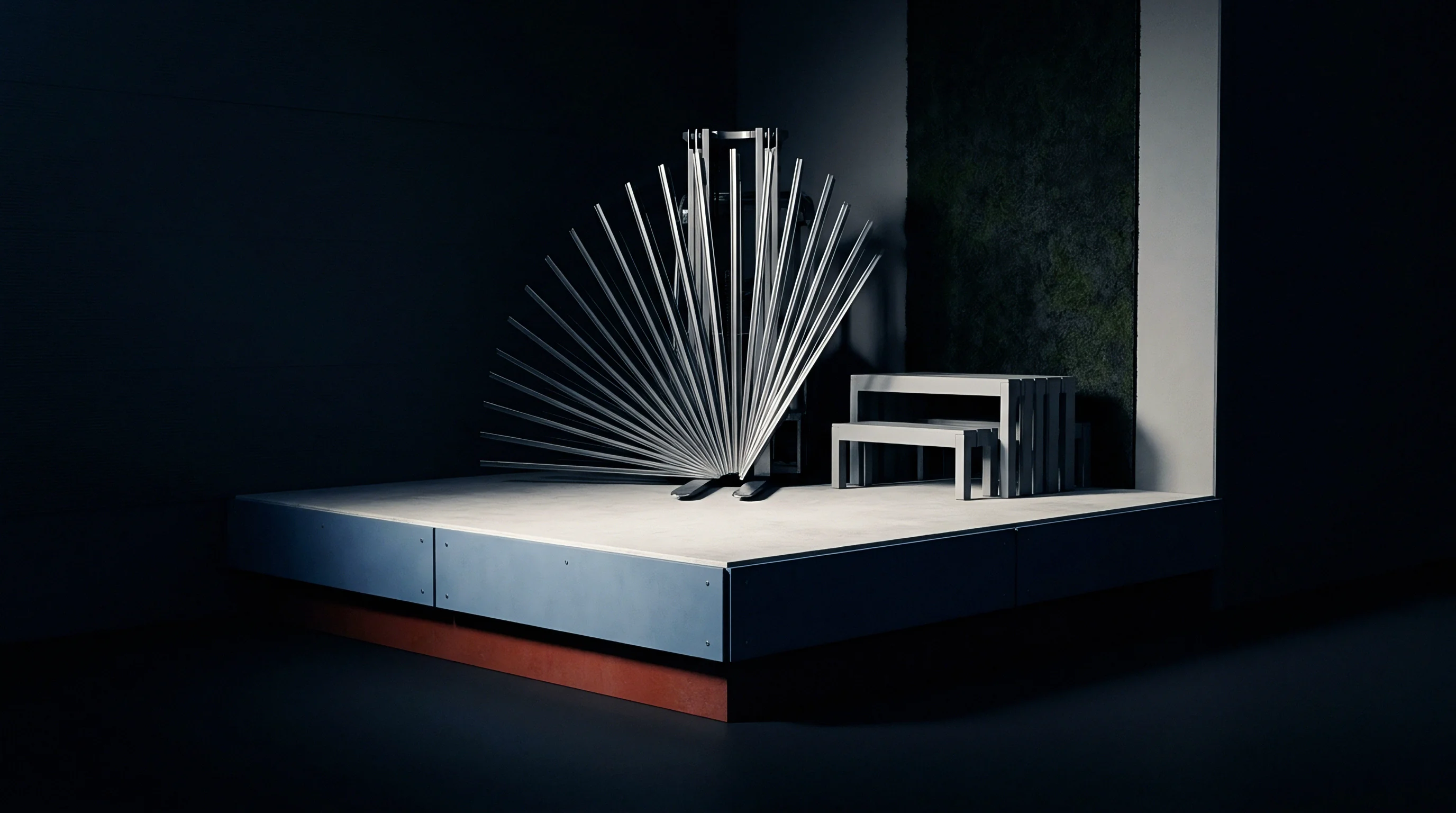 A series of rigid vertical rods radiate from a central pivot point beside a stepped metallic platform within a dark studio workspace.