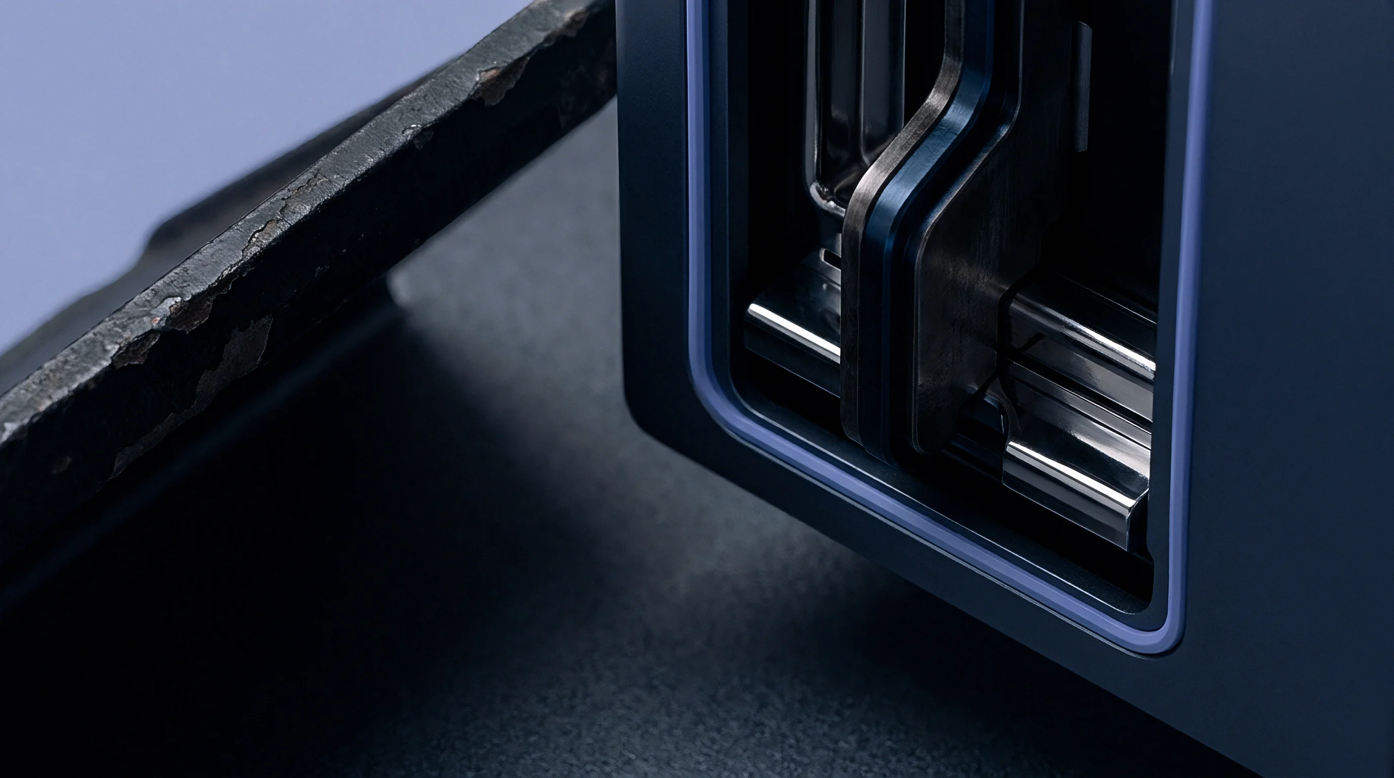 Polished metallic fins align within a dark recessed housing adjacent to a textured stone surface indicating rigid manufacturing tolerance and modular hardware integration.