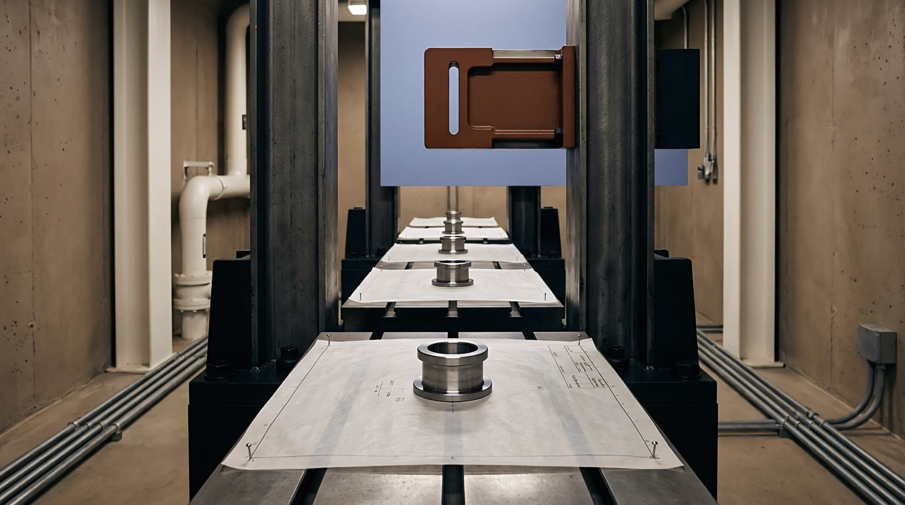 Steel cylindrical housing components are arranged linearly across a metal staging table within a specialized industrial test facility.
