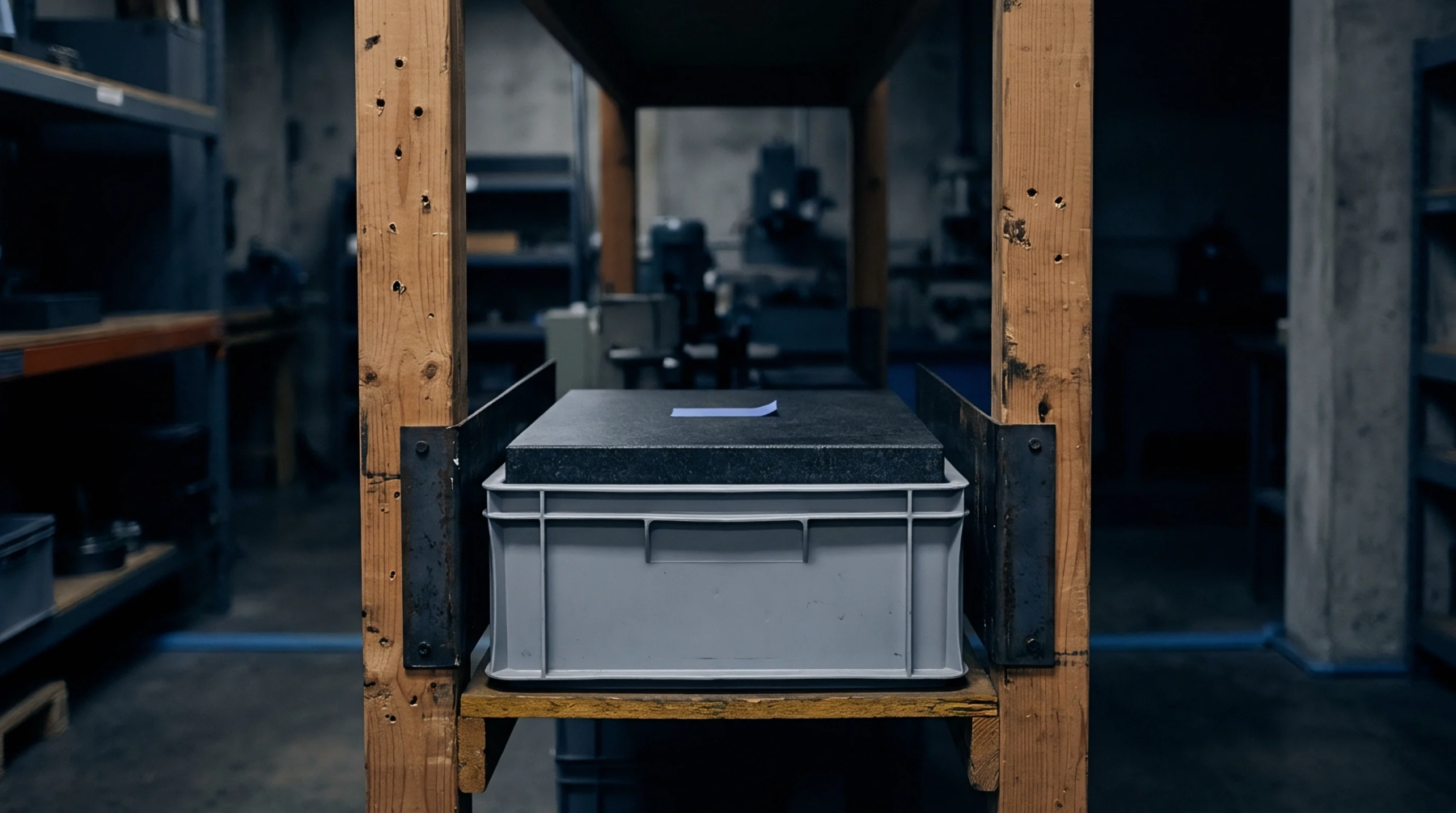A dense granite surface plate rests upon a grey plastic bin housed inside a wooden shelving structure in a workshop.