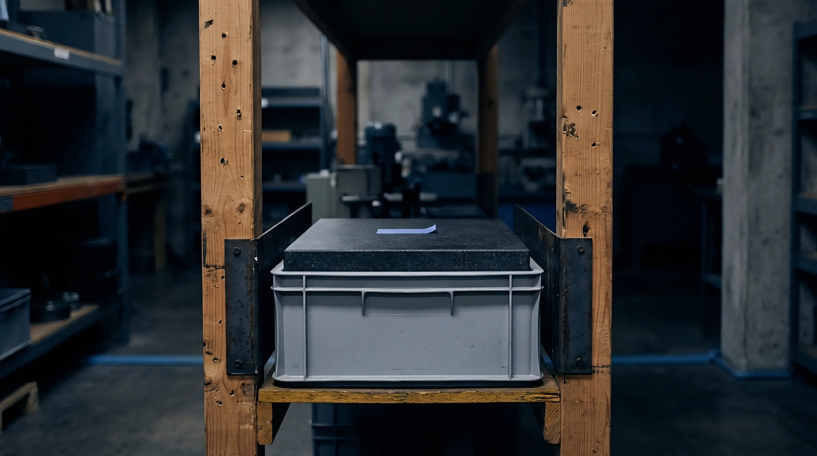 A dense granite surface plate rests upon a grey plastic bin housed inside a wooden shelving structure in a workshop.