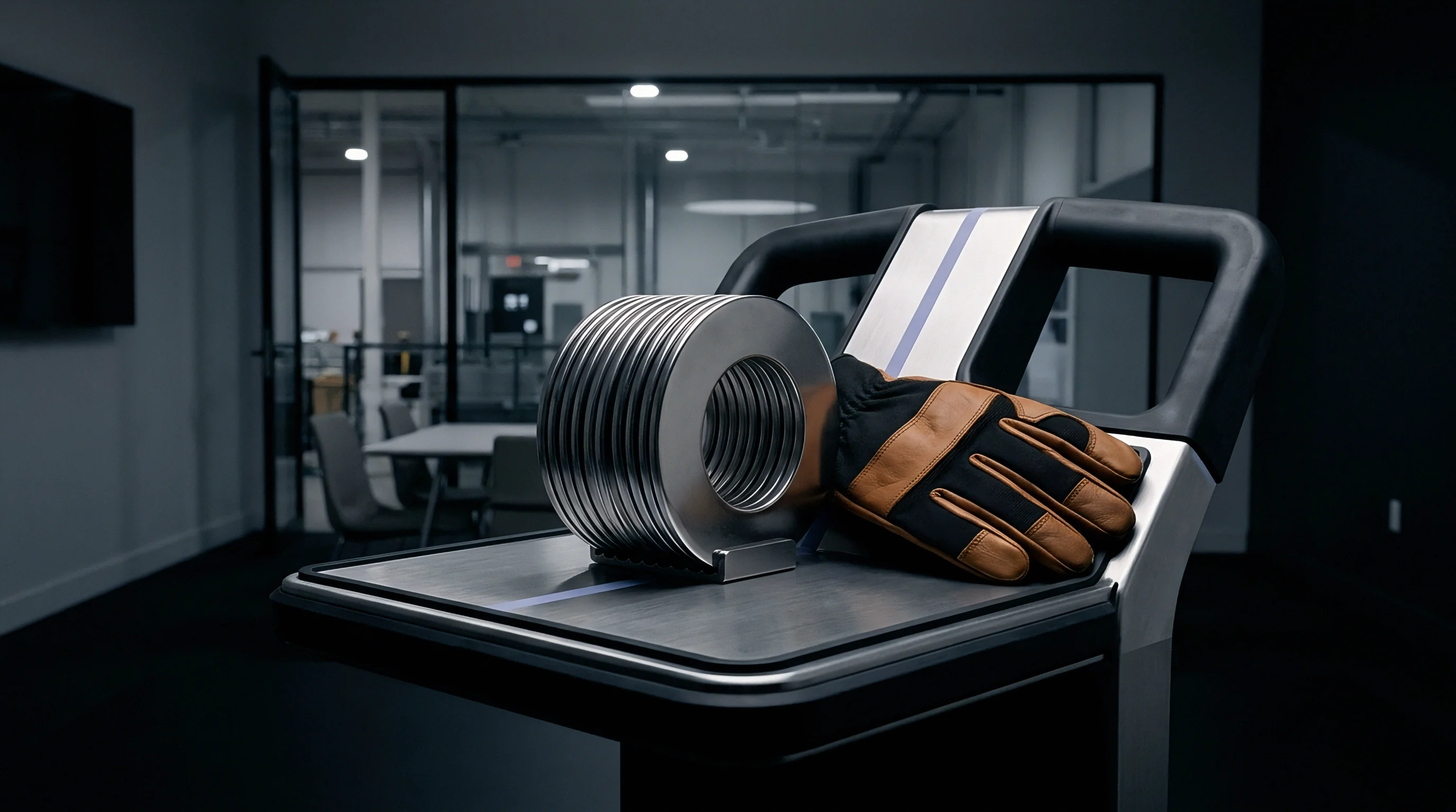 Precision metal components and protective work gear rest upon a mobile utility cart inside a modern corporate manufacturing facility.
