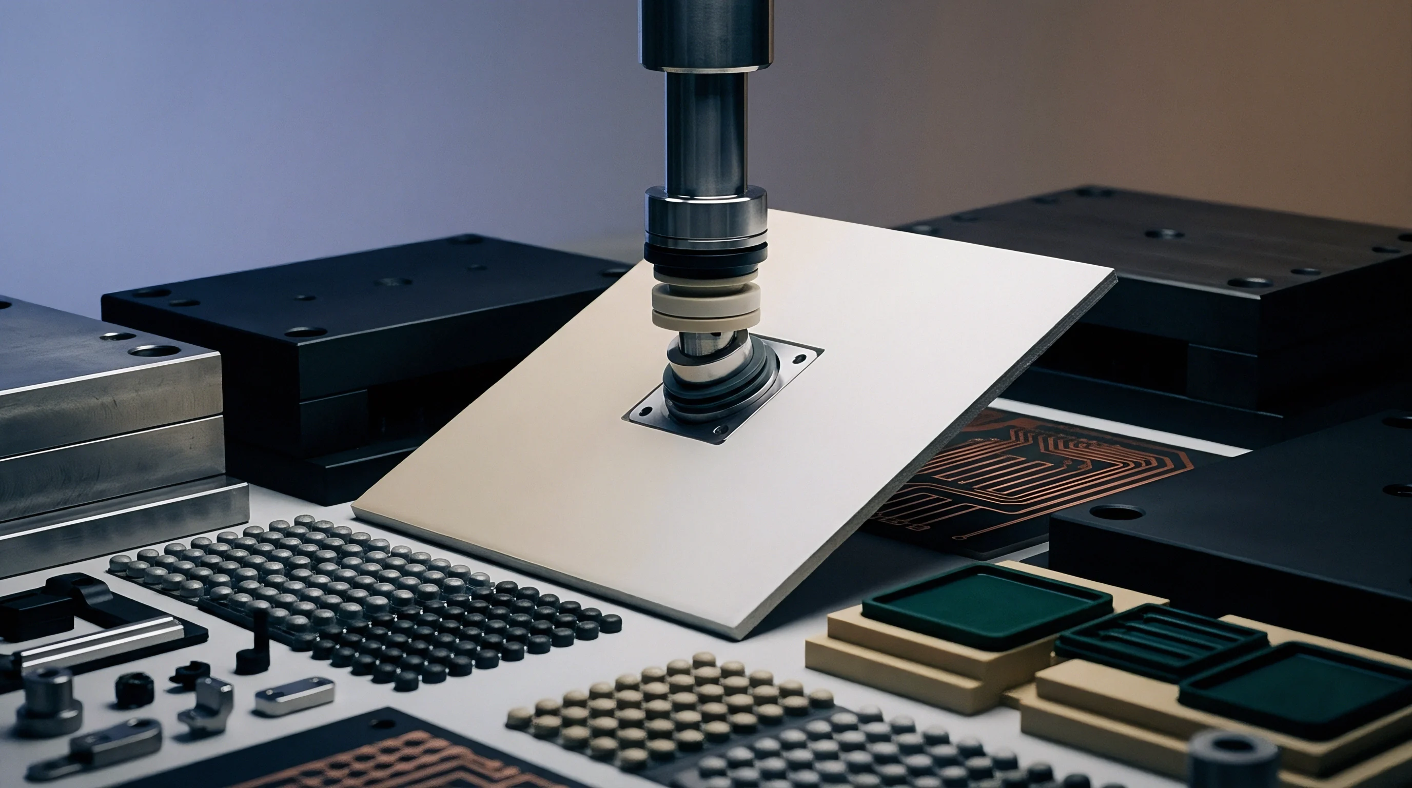 An industrial robotic arm component interacts with a flat panel amidst various machined metal parts, arrays of small components, and circuit boards on a workbench.