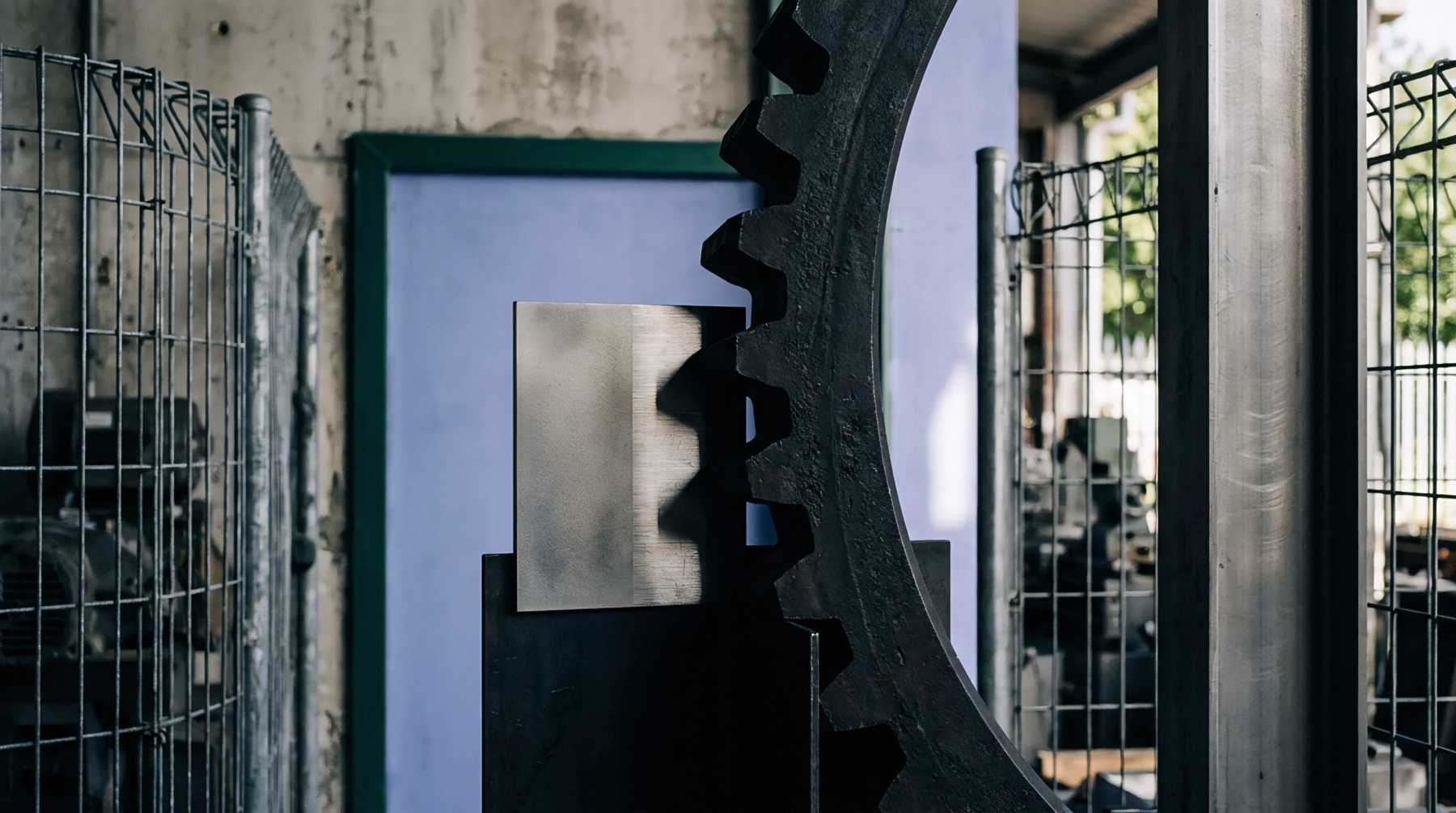 A heavy steel gear segment meshes with a machined metal plate inside a secure industrial workshop bounded by safety fencing.