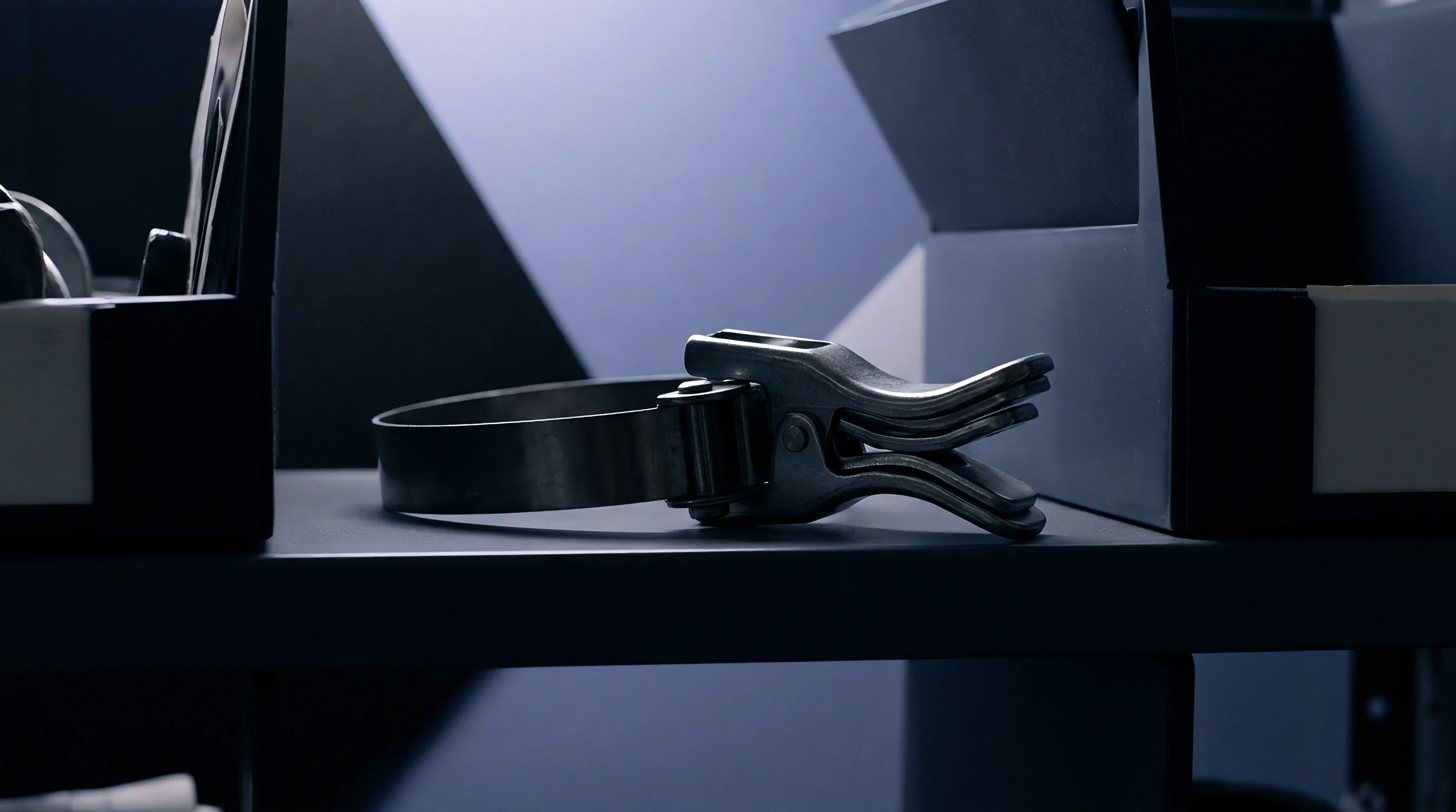 A metallic band clamp rests on a dark shelf between storage containers inside an industrial parts warehouse.