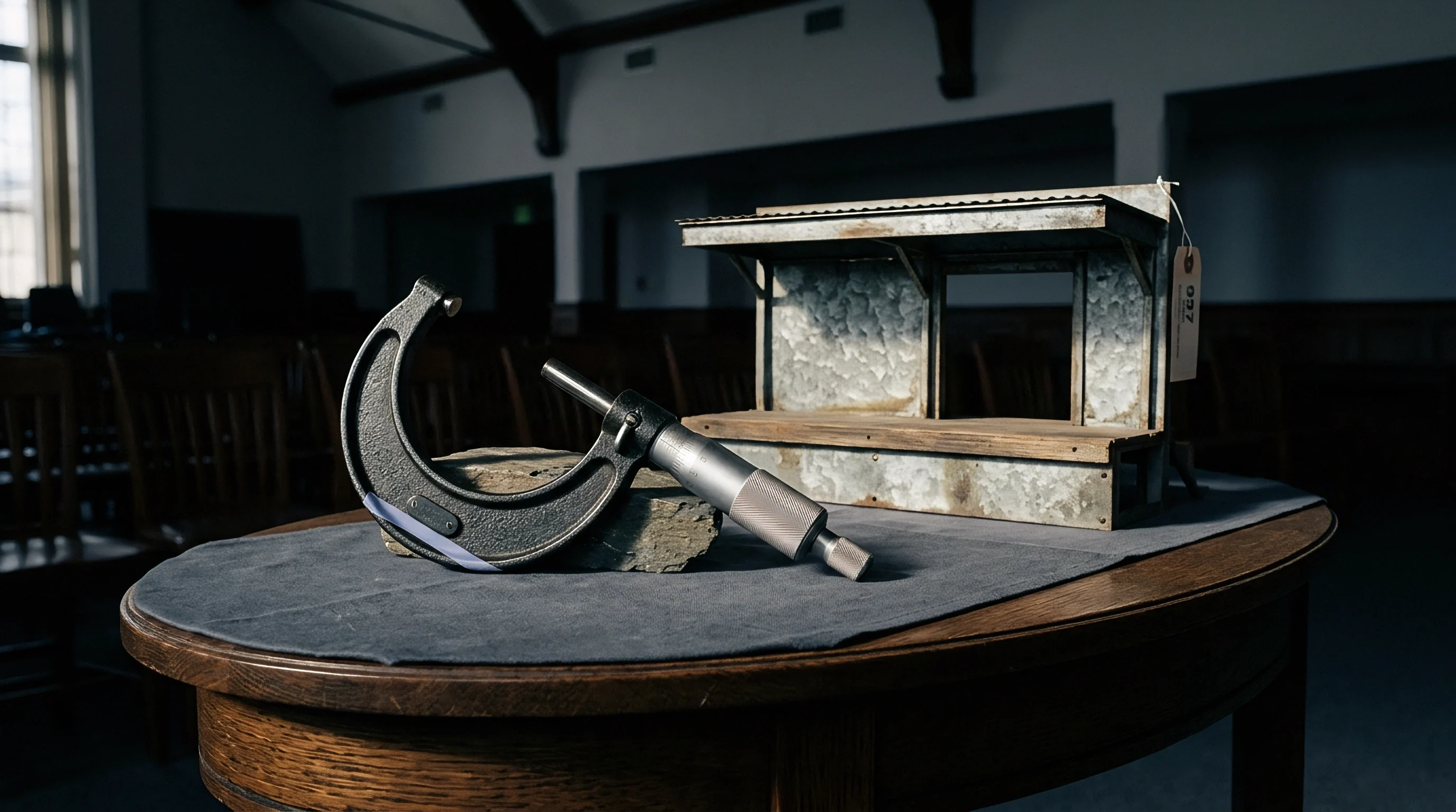 Heavy cast iron micrometer frame and corrugated metal station model rest on dark felt atop a wooden table inside an empty hall.