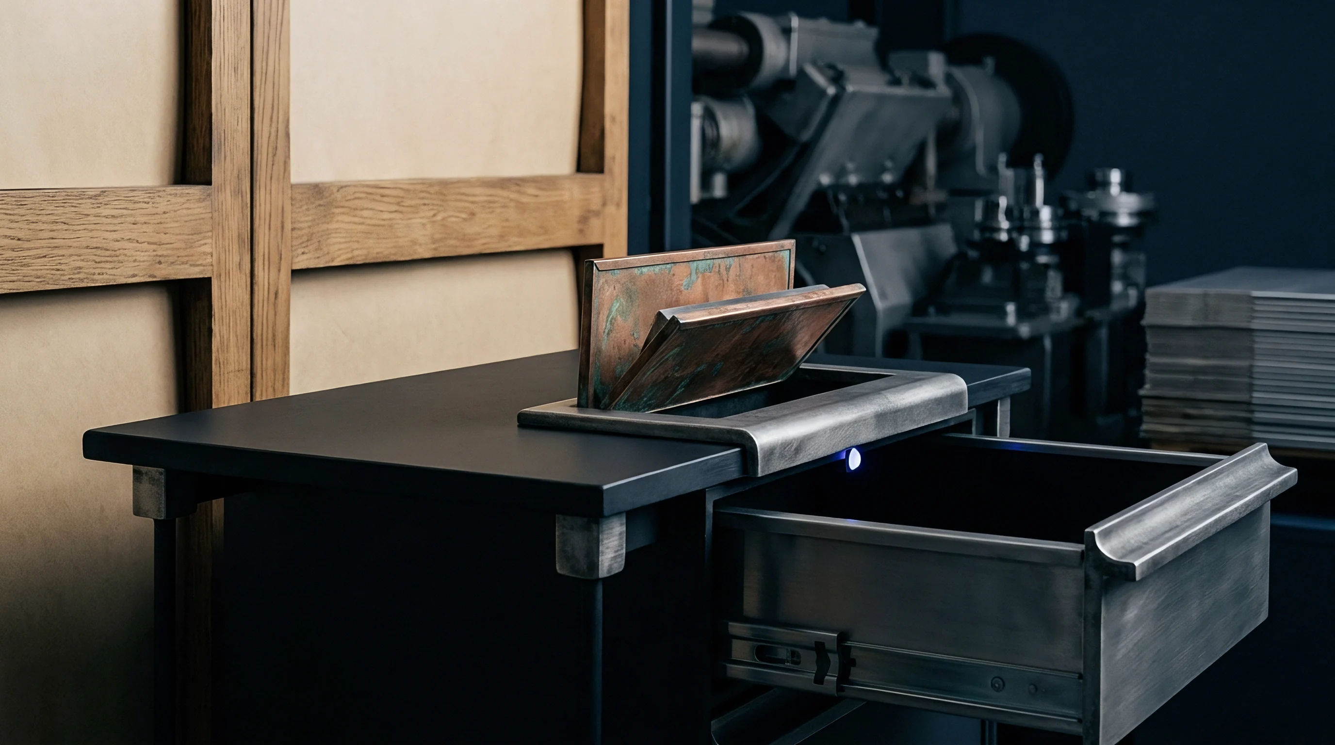 A dark metal workshop cabinet features an open drawer and integrated top slot holding metallic sheets inside a manufacturing facility.