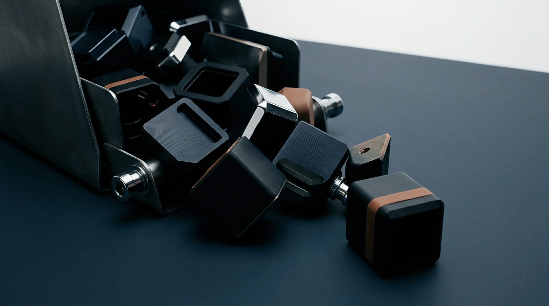 Machined metal and polymer industrial components sit within a metal hopper waiting for assembly in a factory setting.